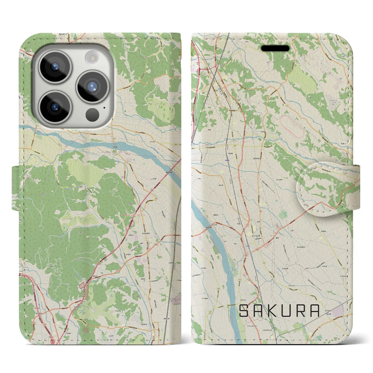 【さくら(栃木県)】地図柄iPhoneケース(手帳タイプ)ナチュラル・iPhone 15 Pro 用