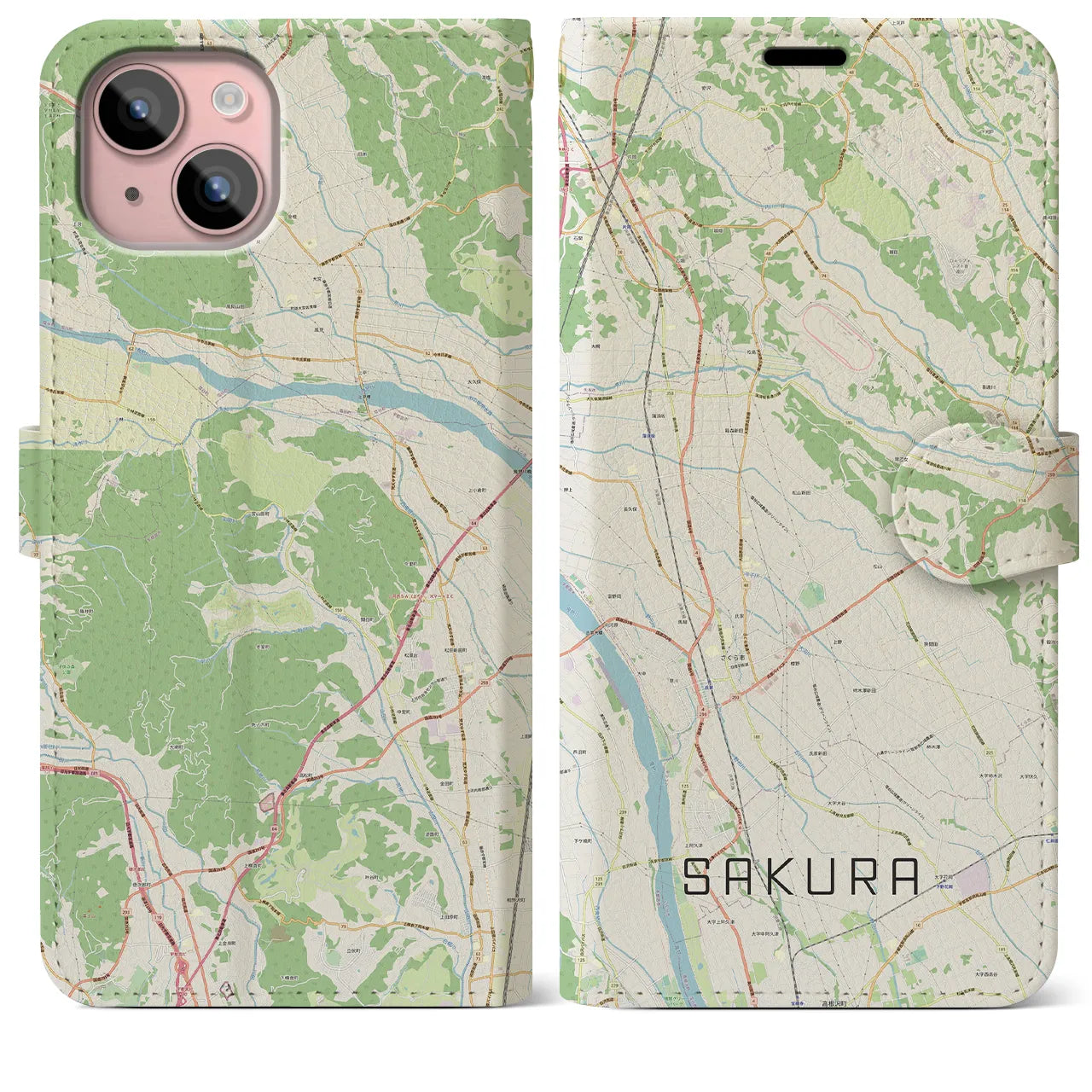 【さくら(栃木県)】地図柄iPhoneケース(手帳タイプ)ナチュラル・iPhone 15 Plus 用