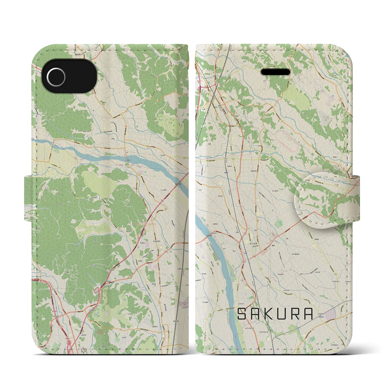 【さくら(栃木県)】地図柄iPhoneケース(手帳タイプ)ナチュラル・iPhone SE(第3 / 第2世代) / 8 / 7 / 6s / 6 用