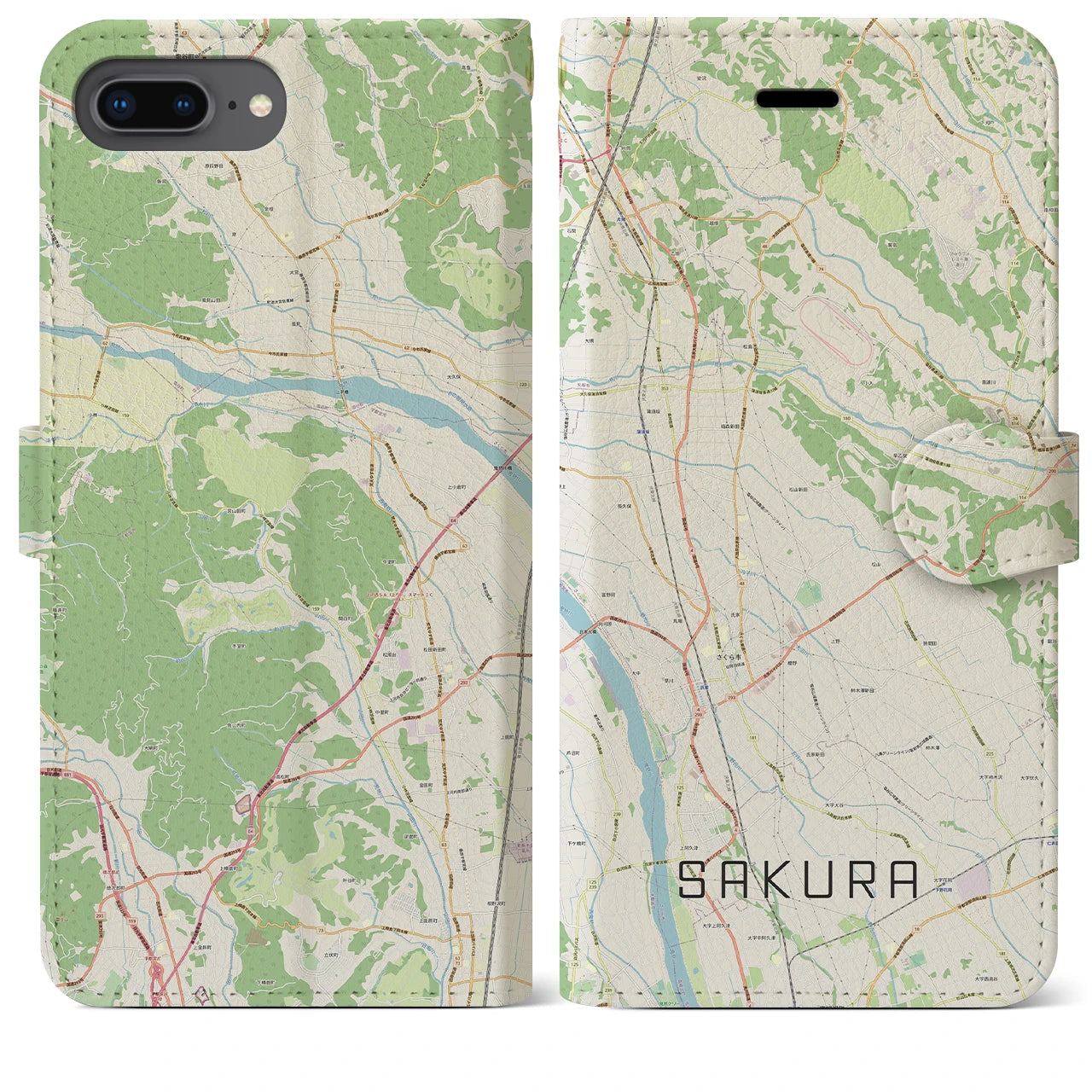 【さくら(栃木県)】地図柄iPhoneケース(手帳タイプ)ナチュラル・iPhone 8Plus /7Plus / 6sPlus / 6Plus 用