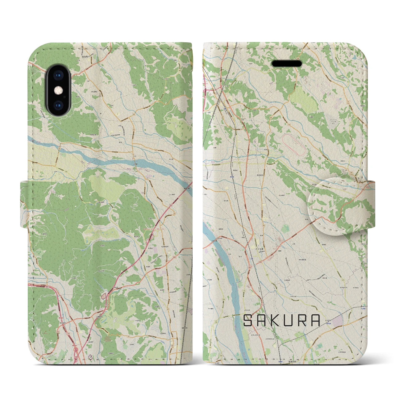 【さくら(栃木県)】地図柄iPhoneケース(手帳タイプ)ナチュラル・iPhone XS / X 用