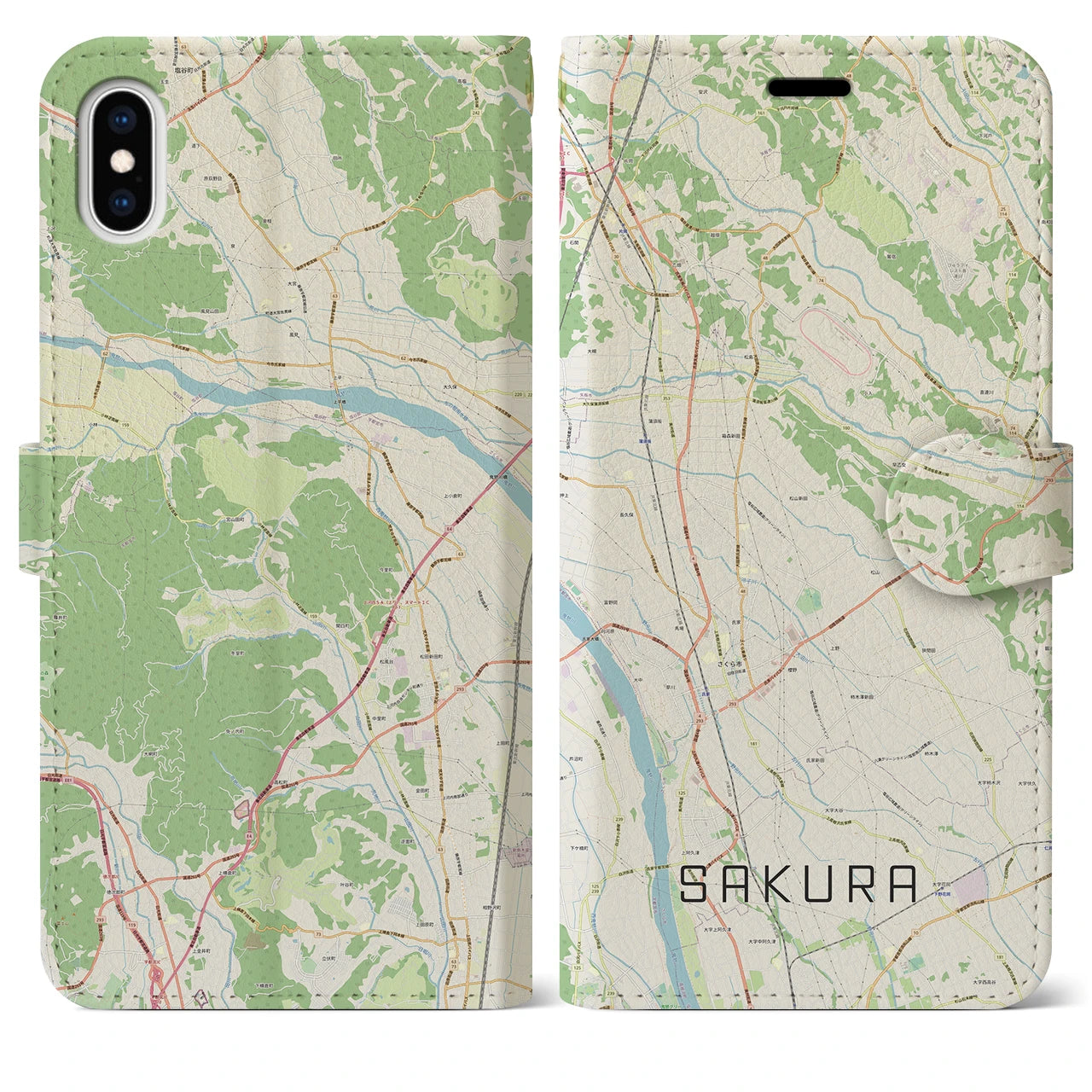 【さくら(栃木県)】地図柄iPhoneケース(手帳タイプ)ナチュラル・iPhone XS Max 用