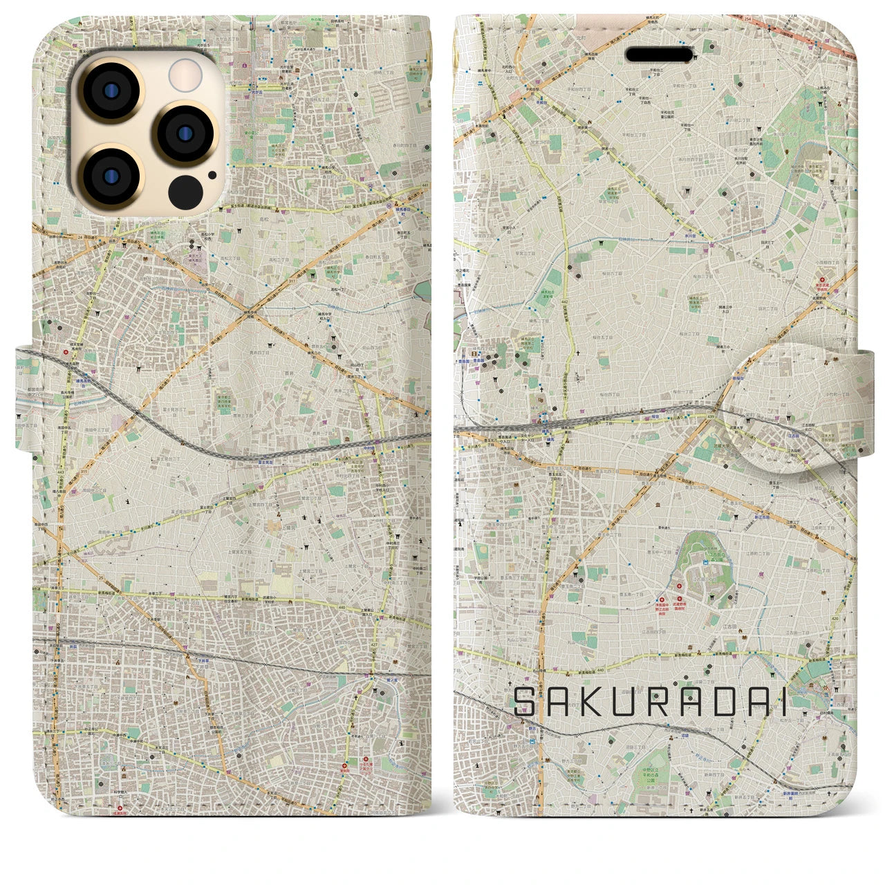 【桜台(東京都)】地図柄iPhoneケース(手帳タイプ)ナチュラル・iPhone 12 Pro Max 用