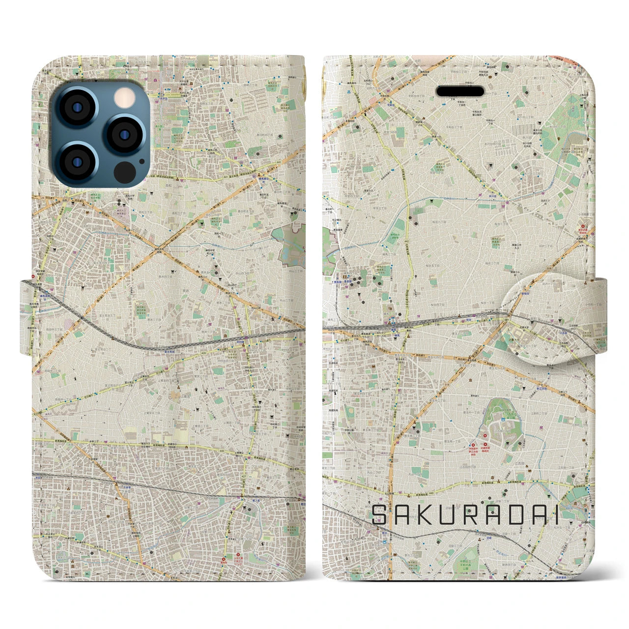 【桜台(東京都)】地図柄iPhoneケース(手帳タイプ)ナチュラル・iPhone 12 / 12 Pro 用