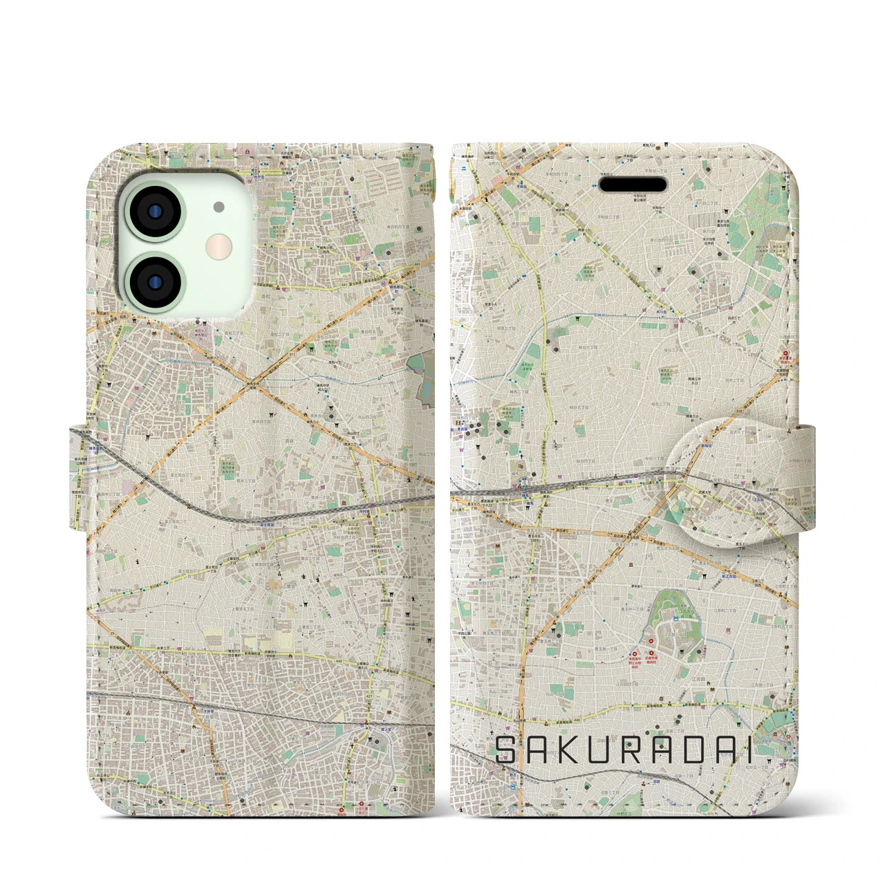 【桜台(東京都)】地図柄iPhoneケース(手帳タイプ)ナチュラル・iPhone 12 mini 用