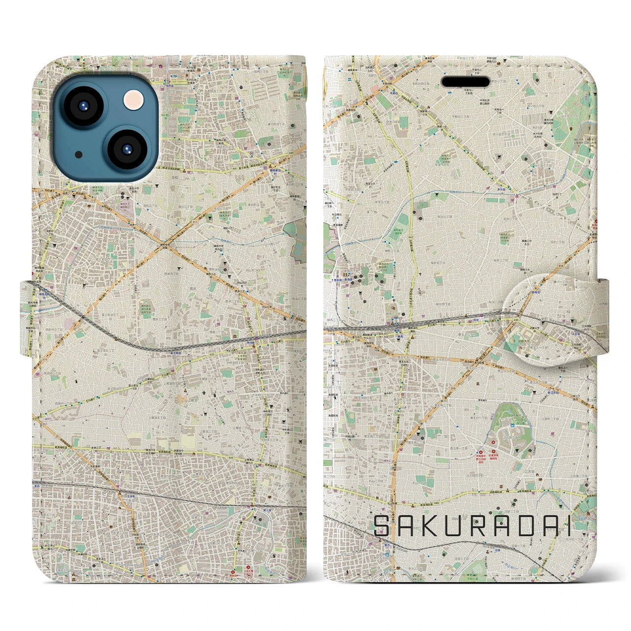 【桜台(東京都)】地図柄iPhoneケース(手帳タイプ)ナチュラル・iPhone 13 用