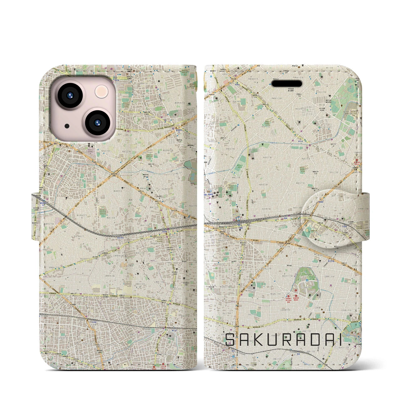 【桜台(東京都)】地図柄iPhoneケース(手帳タイプ)ナチュラル・iPhone 13 mini 用