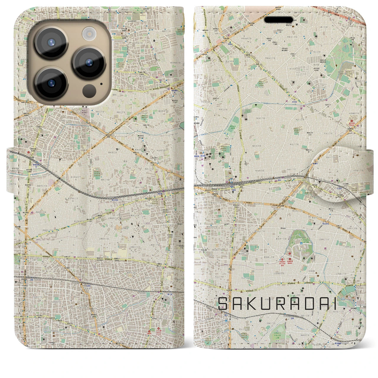 【桜台(東京都)】地図柄iPhoneケース(手帳タイプ)ナチュラル・iPhone 14 Pro Max 用