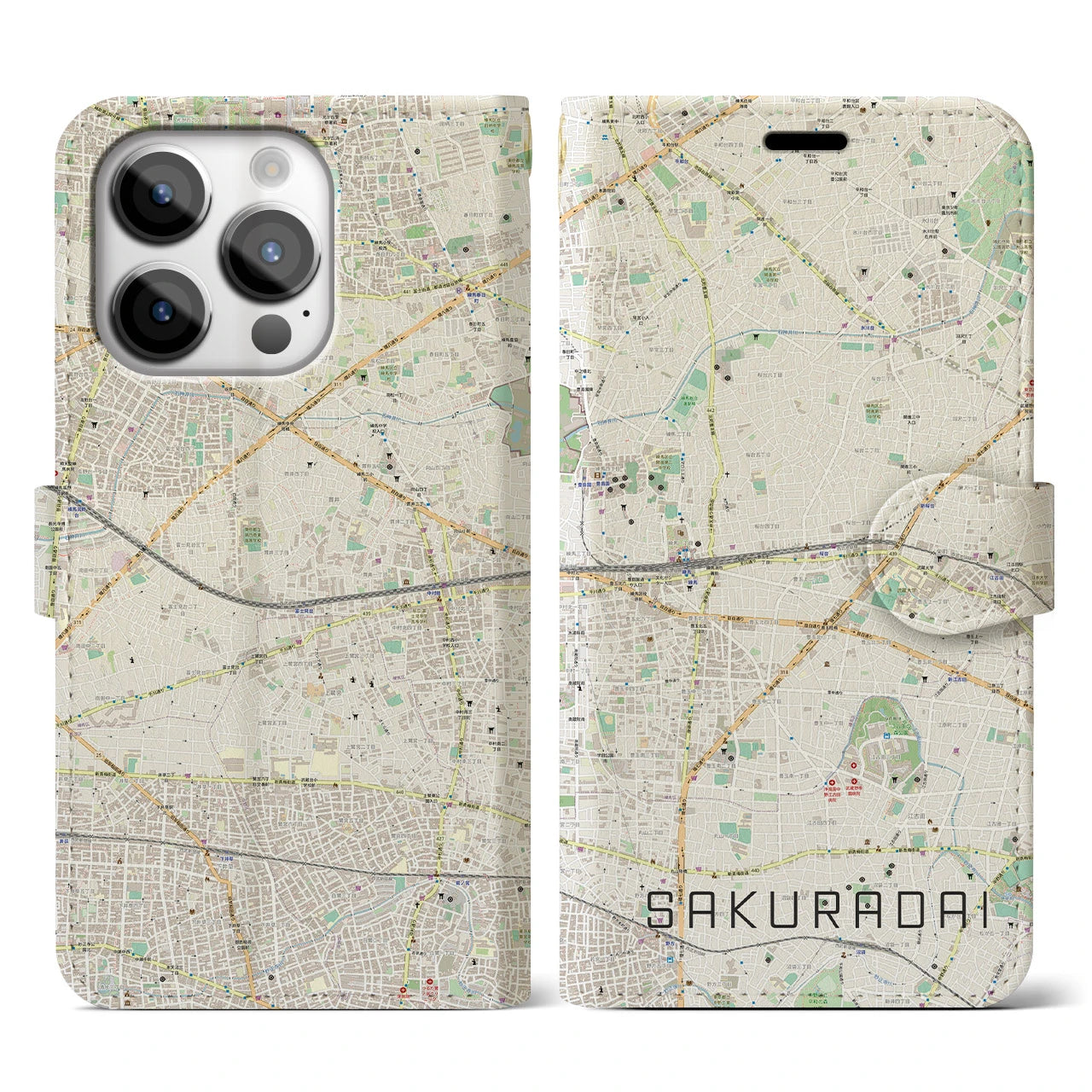 【桜台(東京都)】地図柄iPhoneケース(手帳タイプ)ナチュラル・iPhone 14 Pro 用