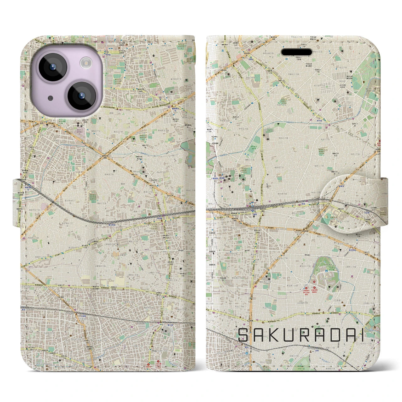 【桜台(東京都)】地図柄iPhoneケース(手帳タイプ)ナチュラル・iPhone 14 用