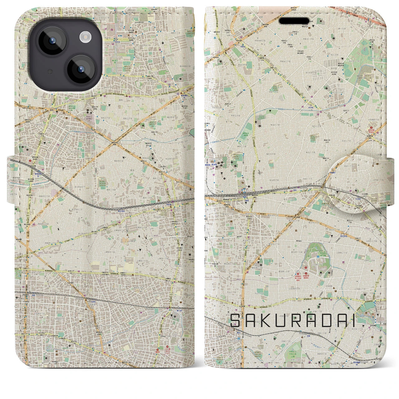 【桜台(東京都)】地図柄iPhoneケース(手帳タイプ)ナチュラル・iPhone 14 Plus 用