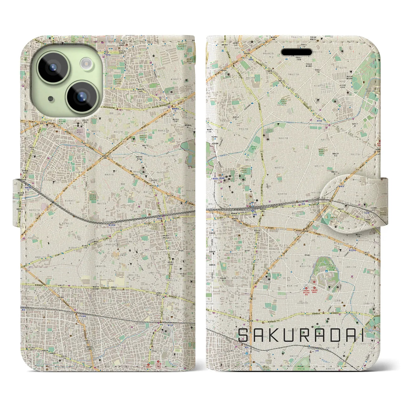 【桜台(東京都)】地図柄iPhoneケース(手帳タイプ)ナチュラル・iPhone 15 用