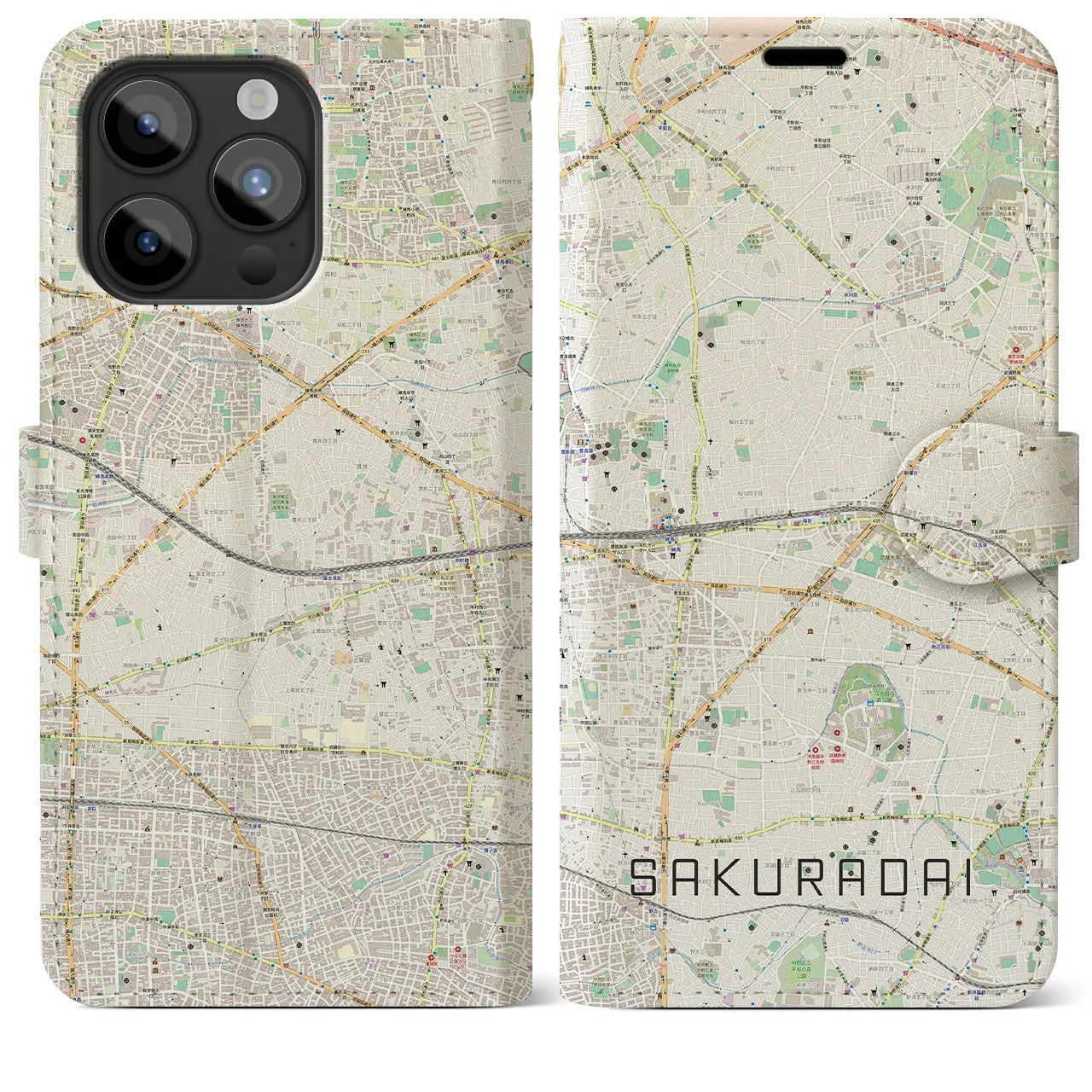 【桜台(東京都)】地図柄iPhoneケース(手帳タイプ)ナチュラル・iPhone 15 Pro Max 用