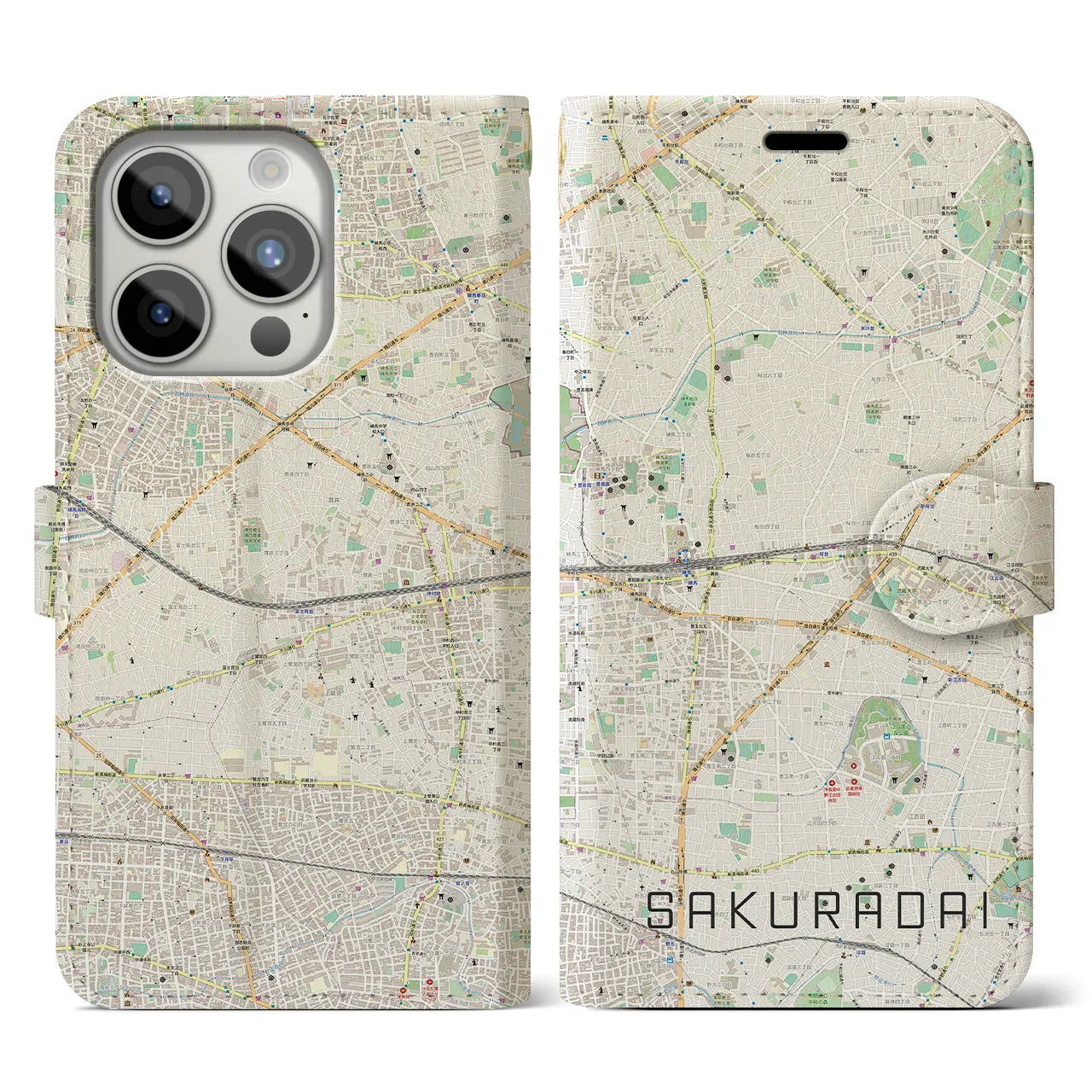 【桜台(東京都)】地図柄iPhoneケース(手帳タイプ)ナチュラル・iPhone 15 Pro 用