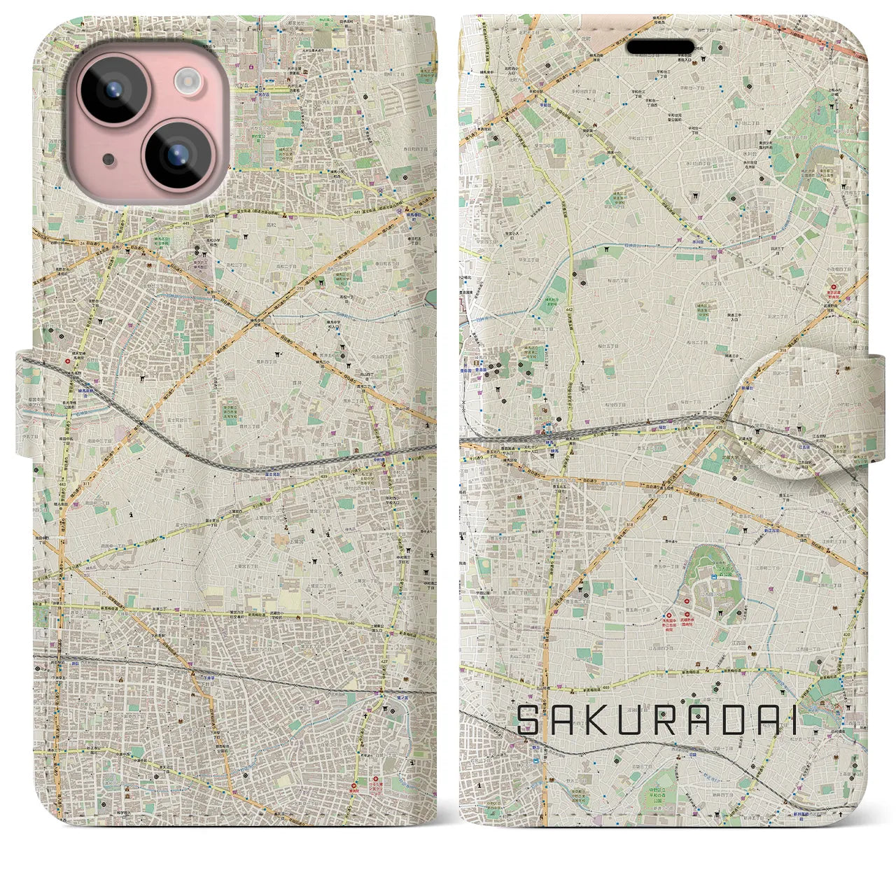 【桜台(東京都)】地図柄iPhoneケース(手帳タイプ)ナチュラル・iPhone 15 Plus 用