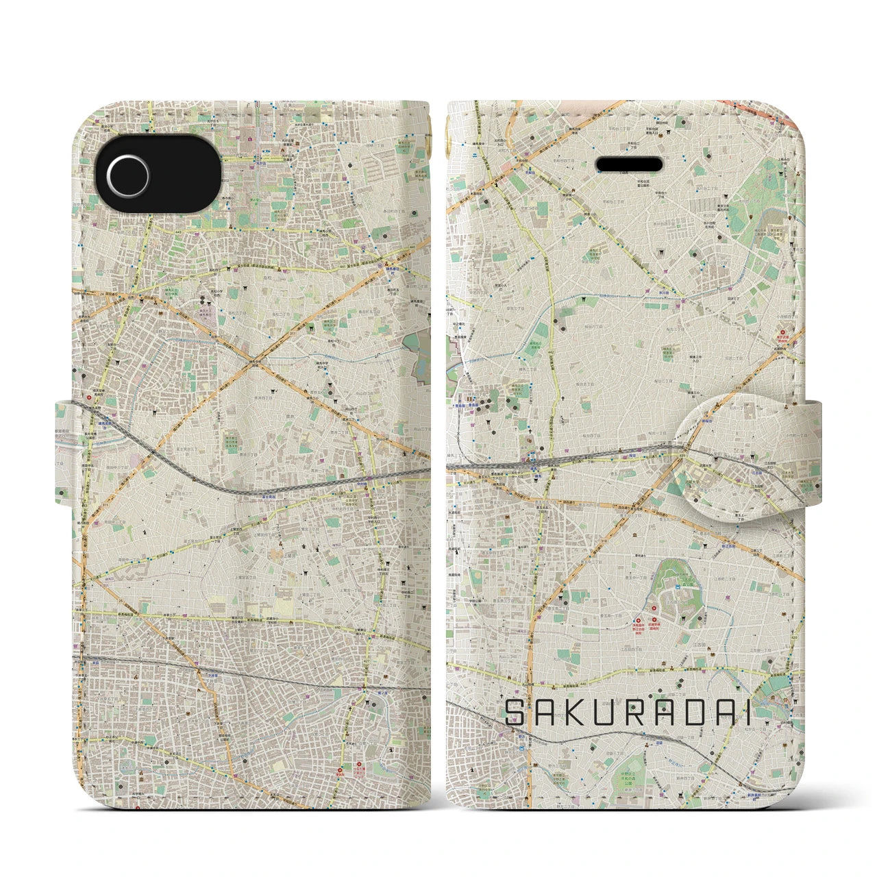 【桜台(東京都)】地図柄iPhoneケース(手帳タイプ)ナチュラル・iPhone SE(第3 / 第2世代) / 8 / 7 / 6s / 6 用