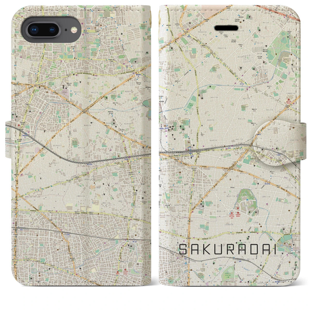 【桜台(東京都)】地図柄iPhoneケース(手帳タイプ)ナチュラル・iPhone 8Plus /7Plus / 6sPlus / 6Plus 用