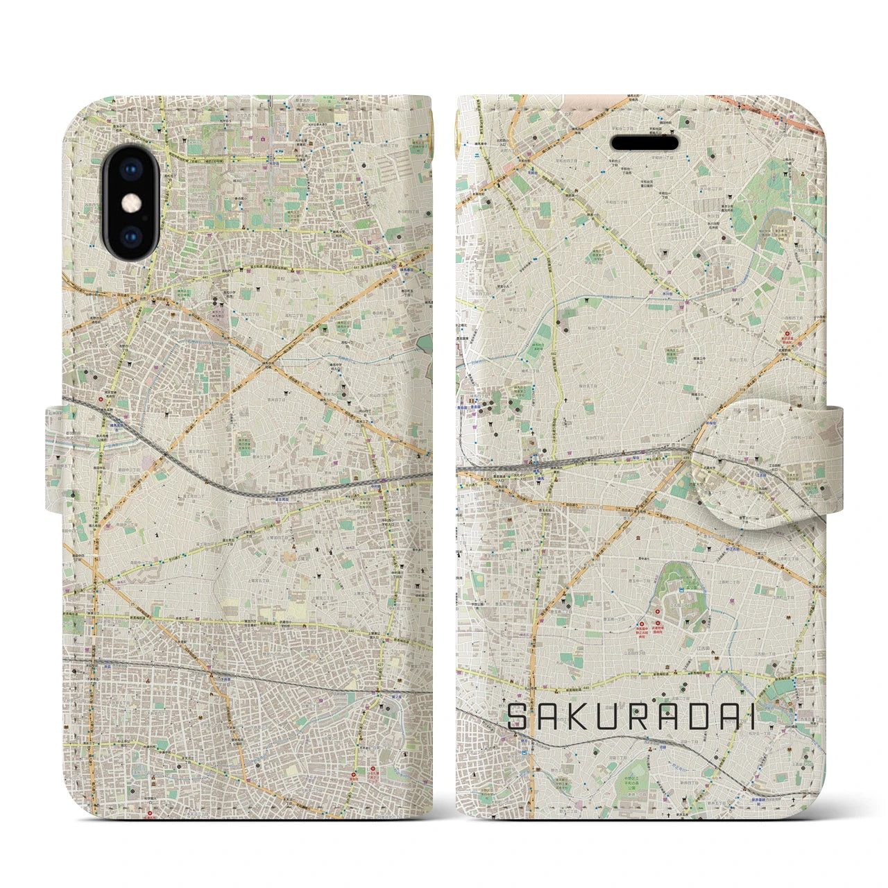 【桜台(東京都)】地図柄iPhoneケース(手帳タイプ)ナチュラル・iPhone XS / X 用