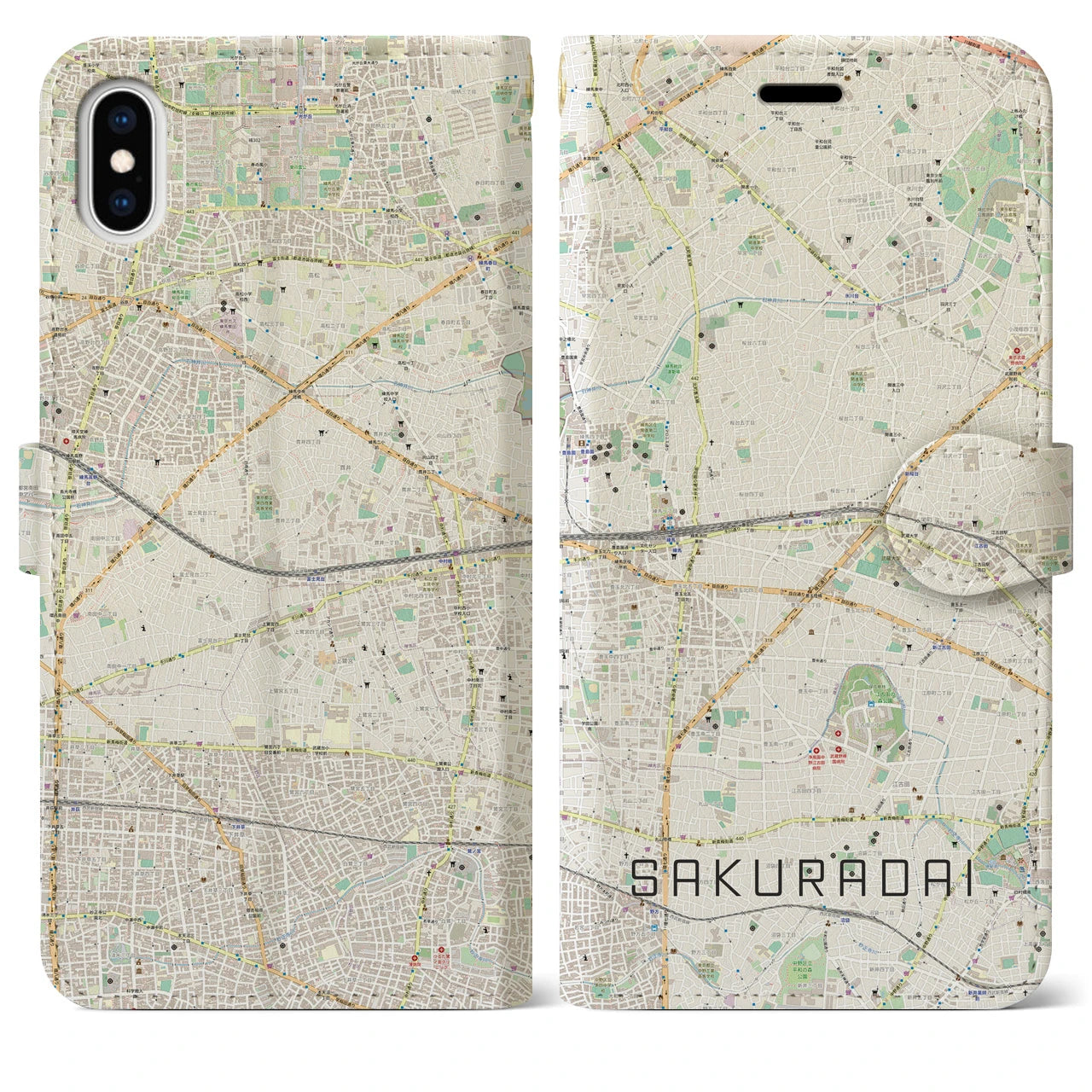 【桜台(東京都)】地図柄iPhoneケース(手帳タイプ)ナチュラル・iPhone XS Max 用