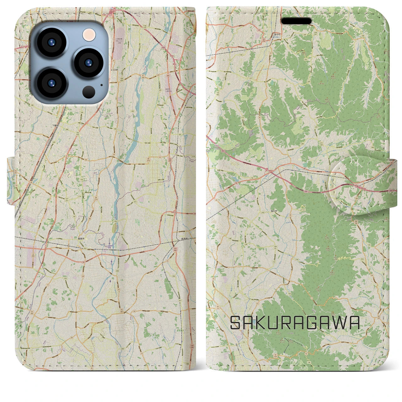 【桜川(茨城県)】地図柄iPhoneケース(手帳タイプ)ナチュラル・iPhone 13 Pro Max 用