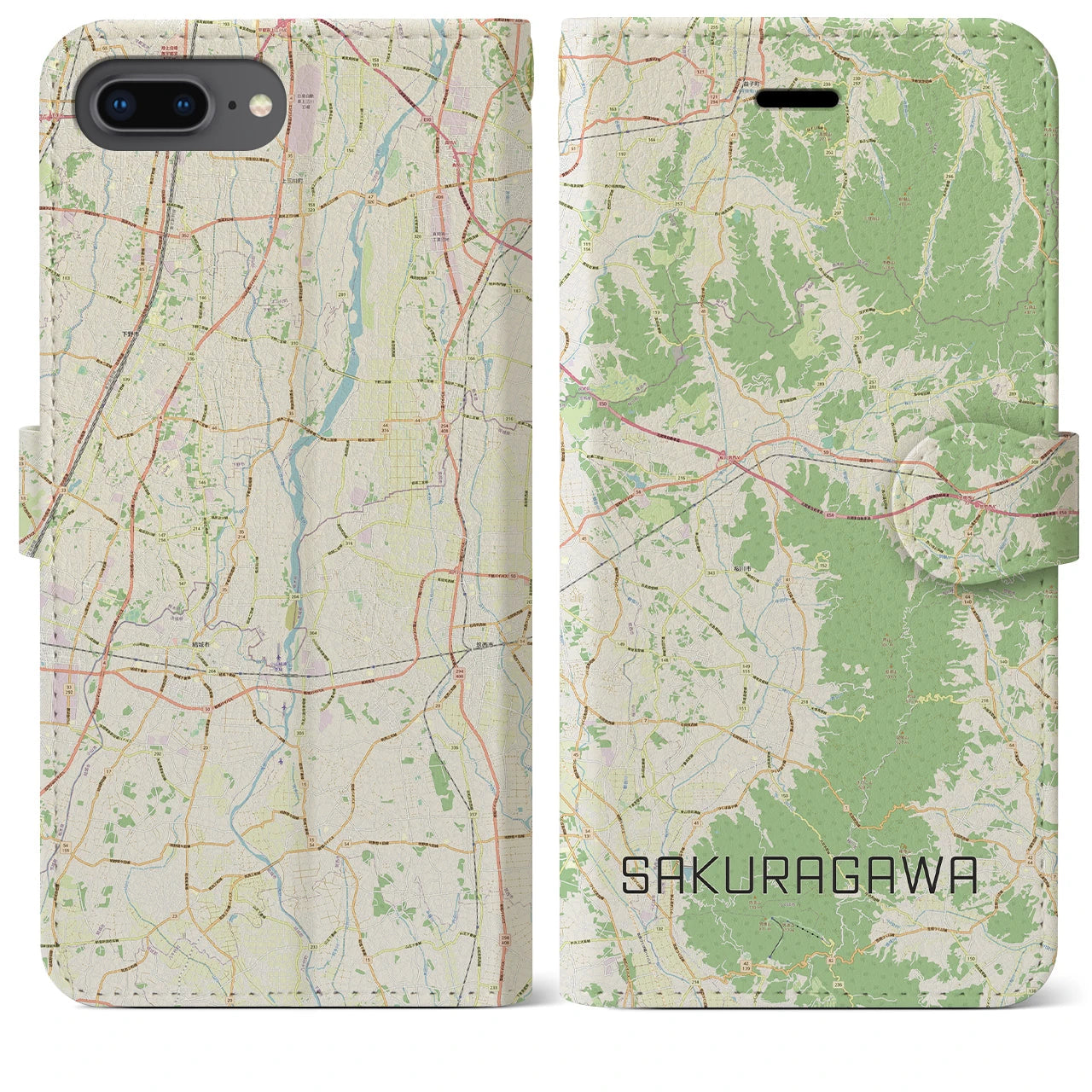 【桜川(茨城県)】地図柄iPhoneケース(手帳タイプ)ナチュラル・iPhone 8Plus /7Plus / 6sPlus / 6Plus 用
