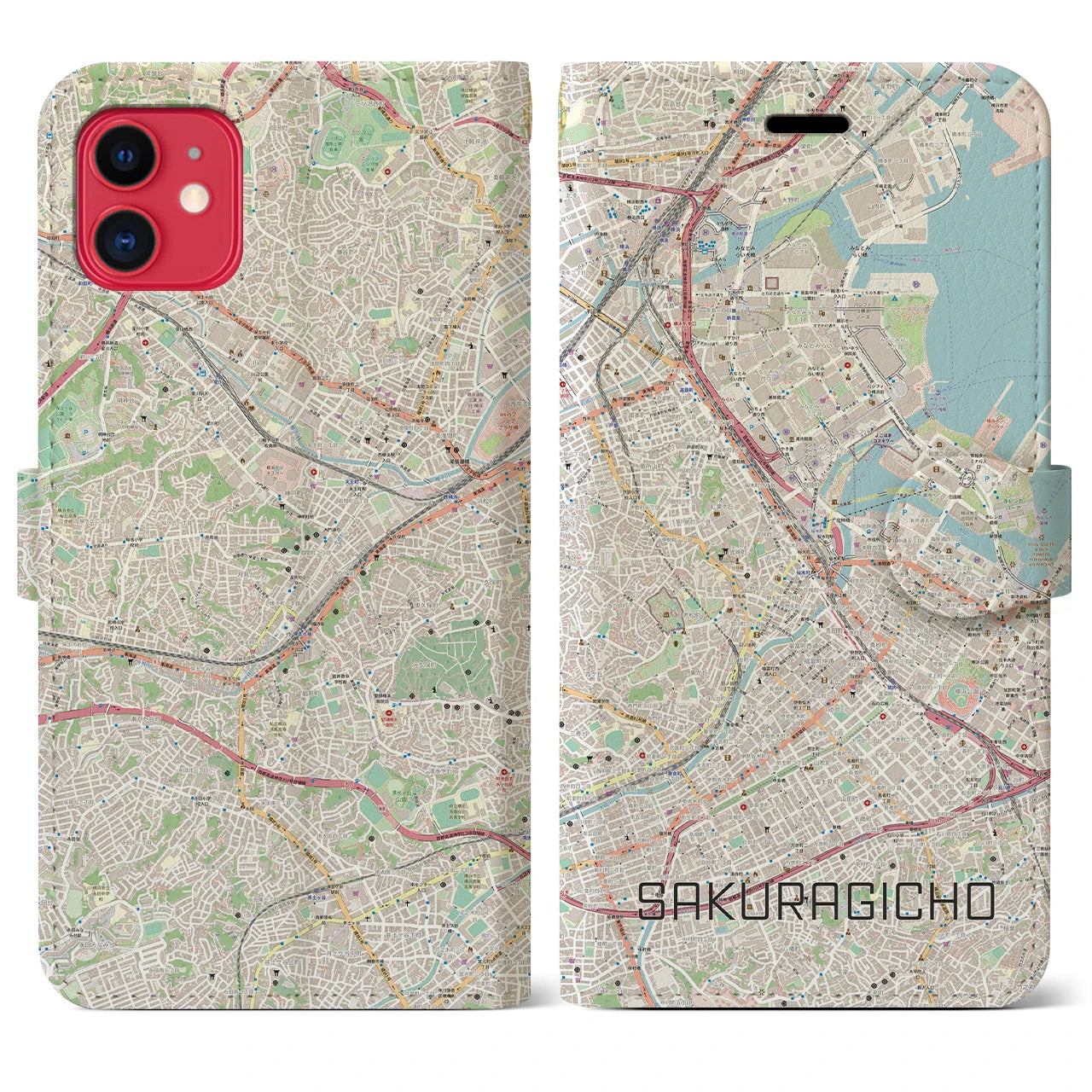 【桜木町(神奈川県)】地図柄iPhoneケース(手帳タイプ)ナチュラル・iPhone 11 用