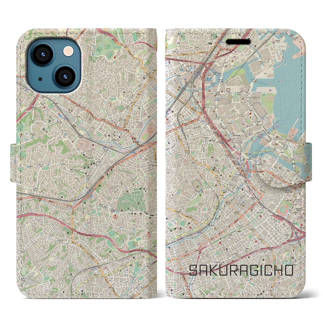 【桜木町(神奈川県)】地図柄iPhoneケース(手帳タイプ)ナチュラル・iPhone 13 用