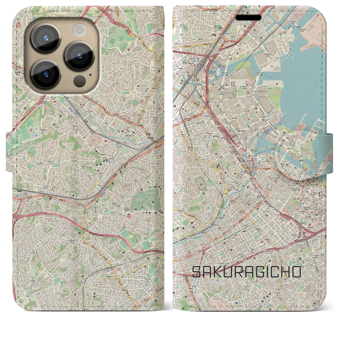 【桜木町(神奈川県)】地図柄iPhoneケース(手帳タイプ)ナチュラル・iPhone 14 Pro Max 用