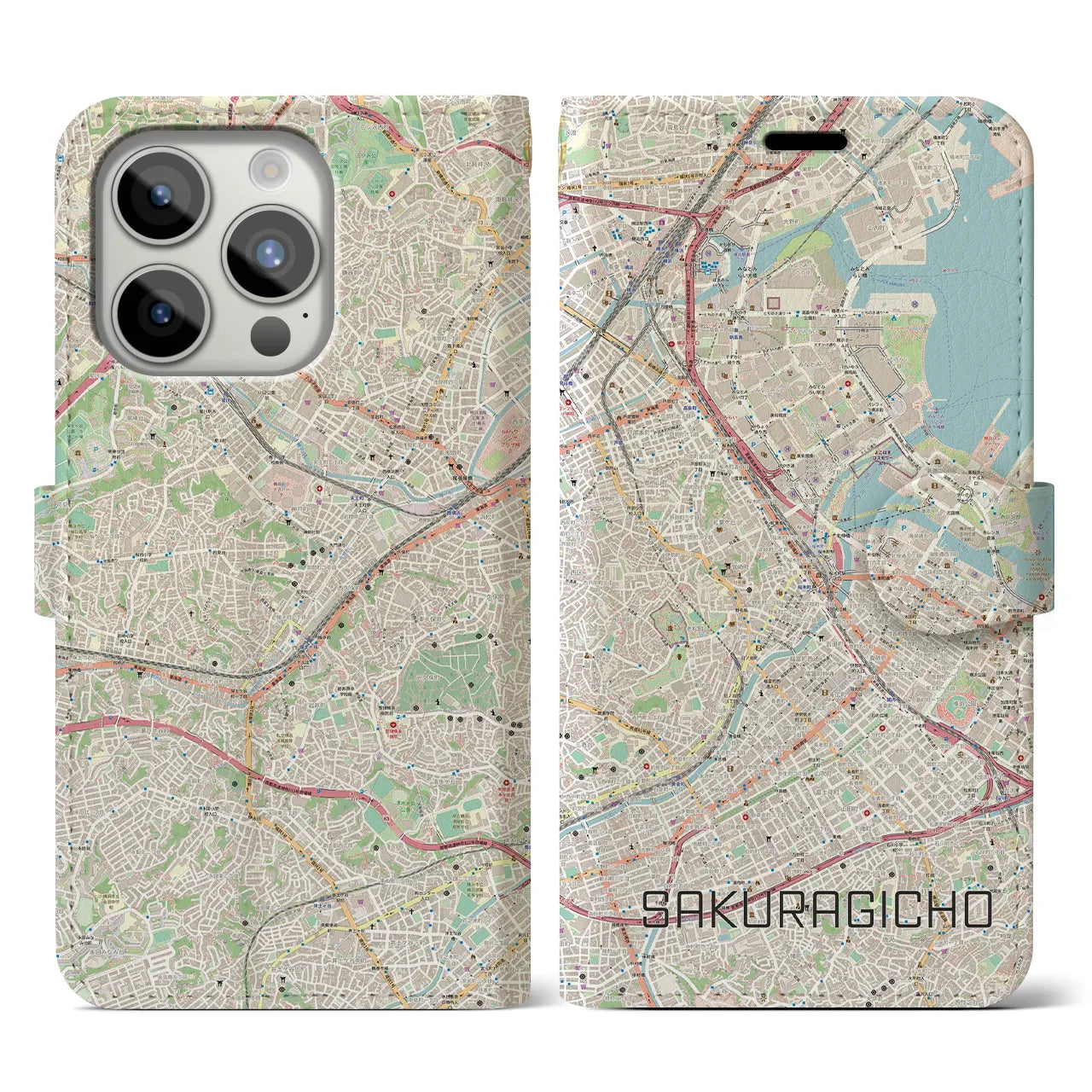 【桜木町(神奈川県)】地図柄iPhoneケース(手帳タイプ)ナチュラル・iPhone 15 Pro 用