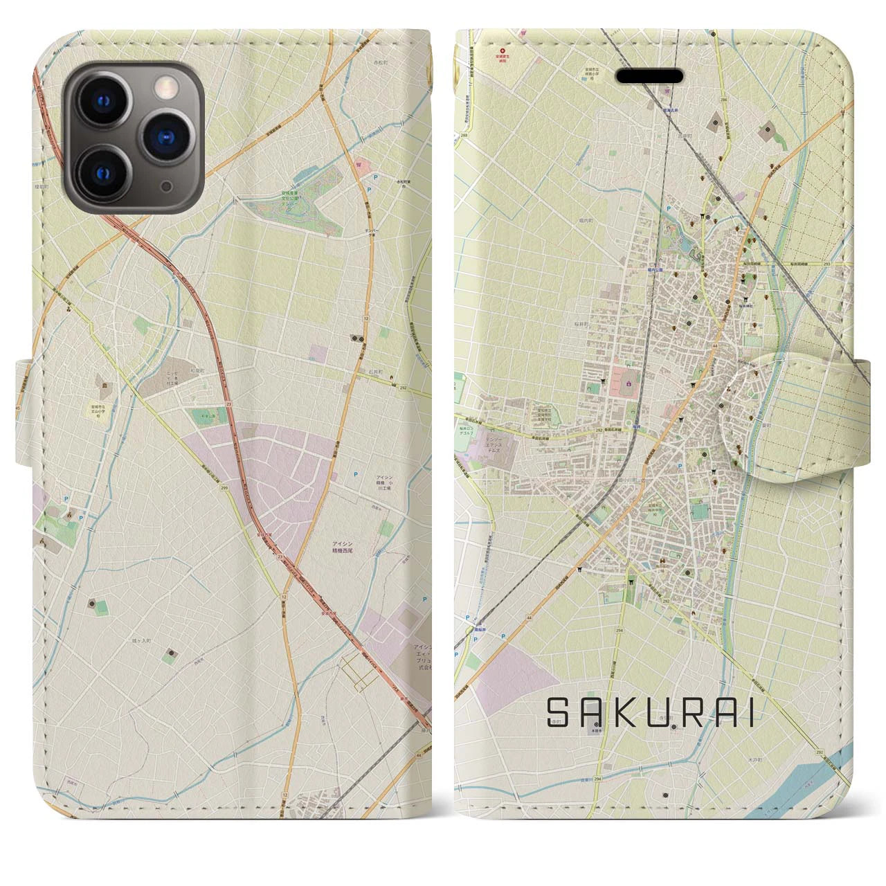 【桜井(愛知県)】地図柄iPhoneケース(手帳タイプ)ナチュラル・iPhone 11 Pro Max 用