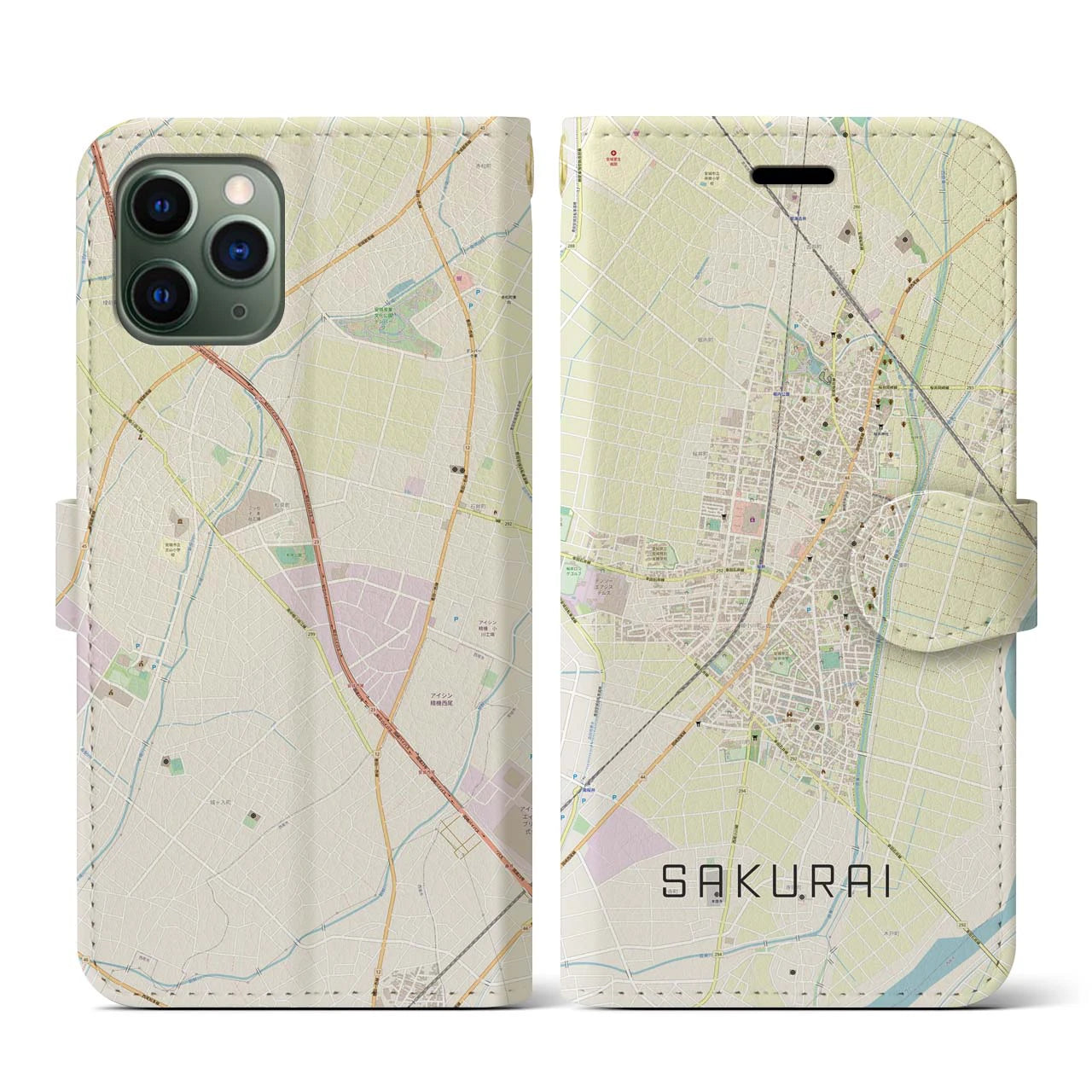 【桜井(愛知県)】地図柄iPhoneケース(手帳タイプ)ナチュラル・iPhone 11 Pro 用