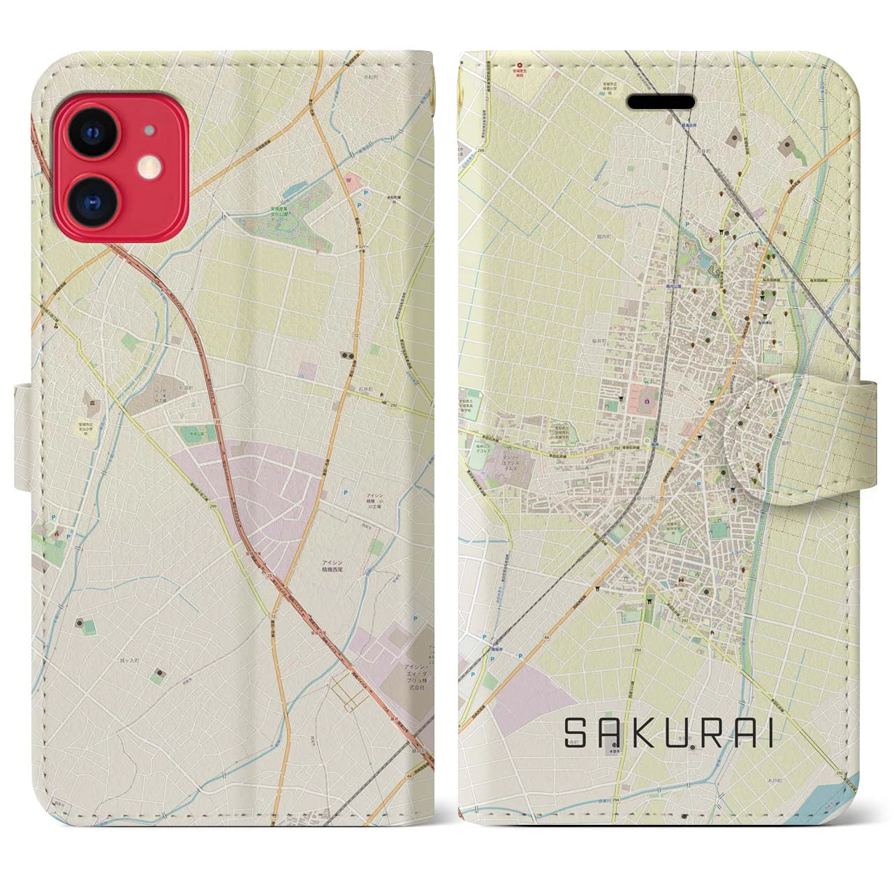 【桜井(愛知県)】地図柄iPhoneケース(手帳タイプ)ナチュラル・iPhone 11 用