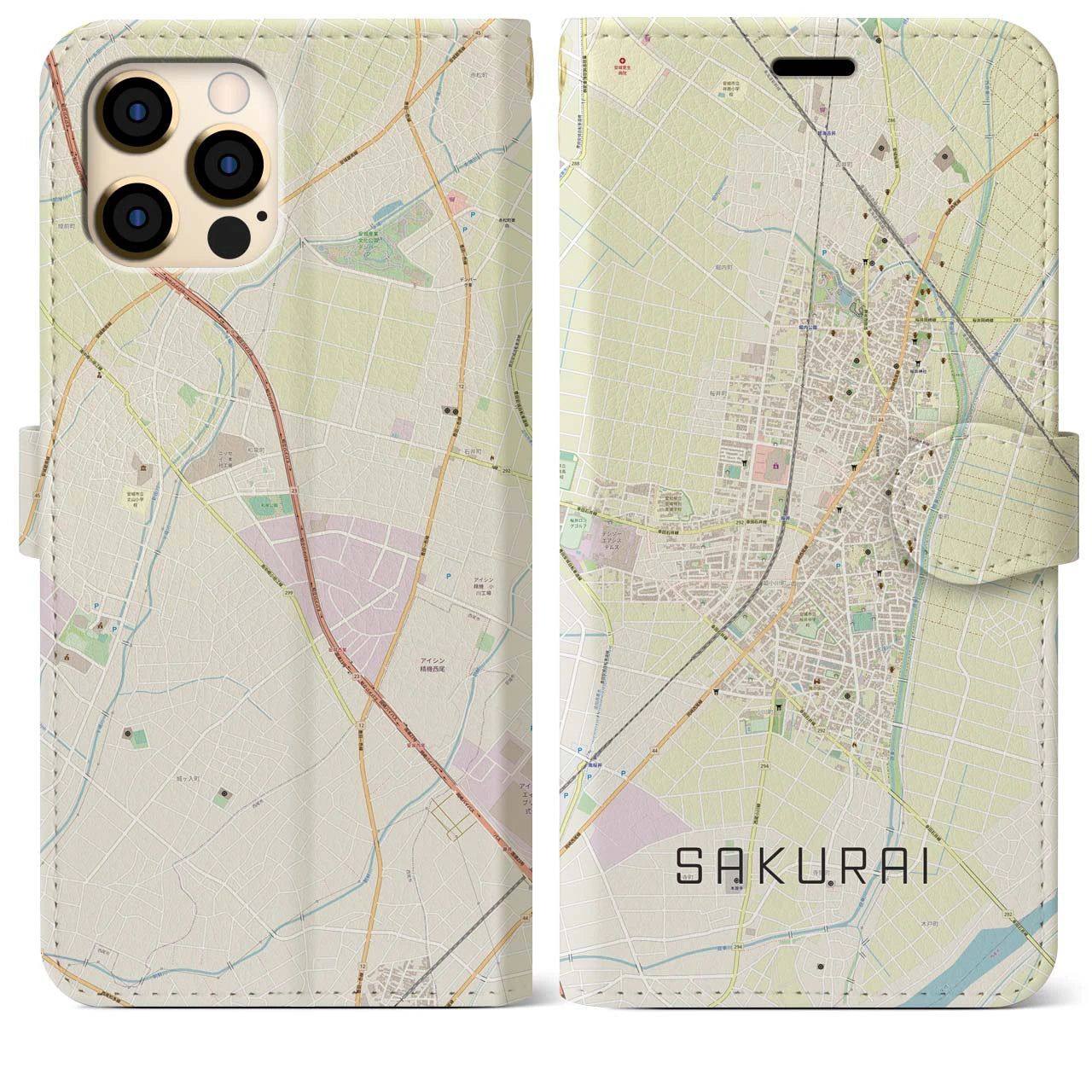 【桜井(愛知県)】地図柄iPhoneケース(手帳タイプ)ナチュラル・iPhone 12 Pro Max 用