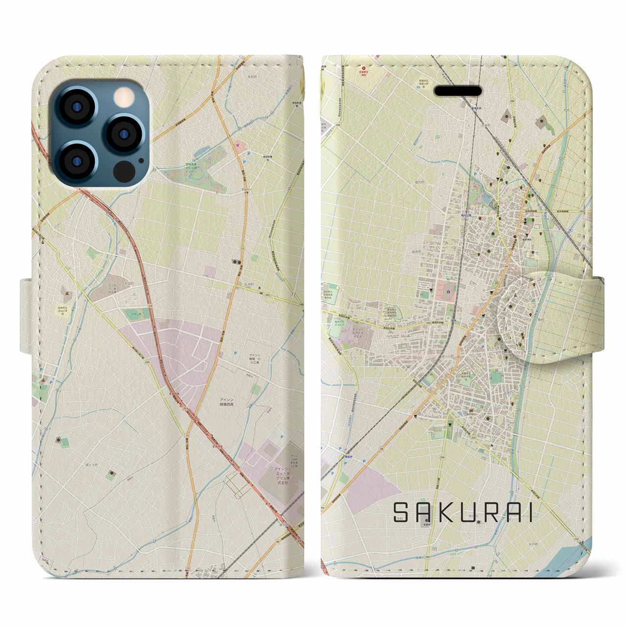 【桜井(愛知県)】地図柄iPhoneケース(手帳タイプ)ナチュラル・iPhone 12 / 12 Pro 用