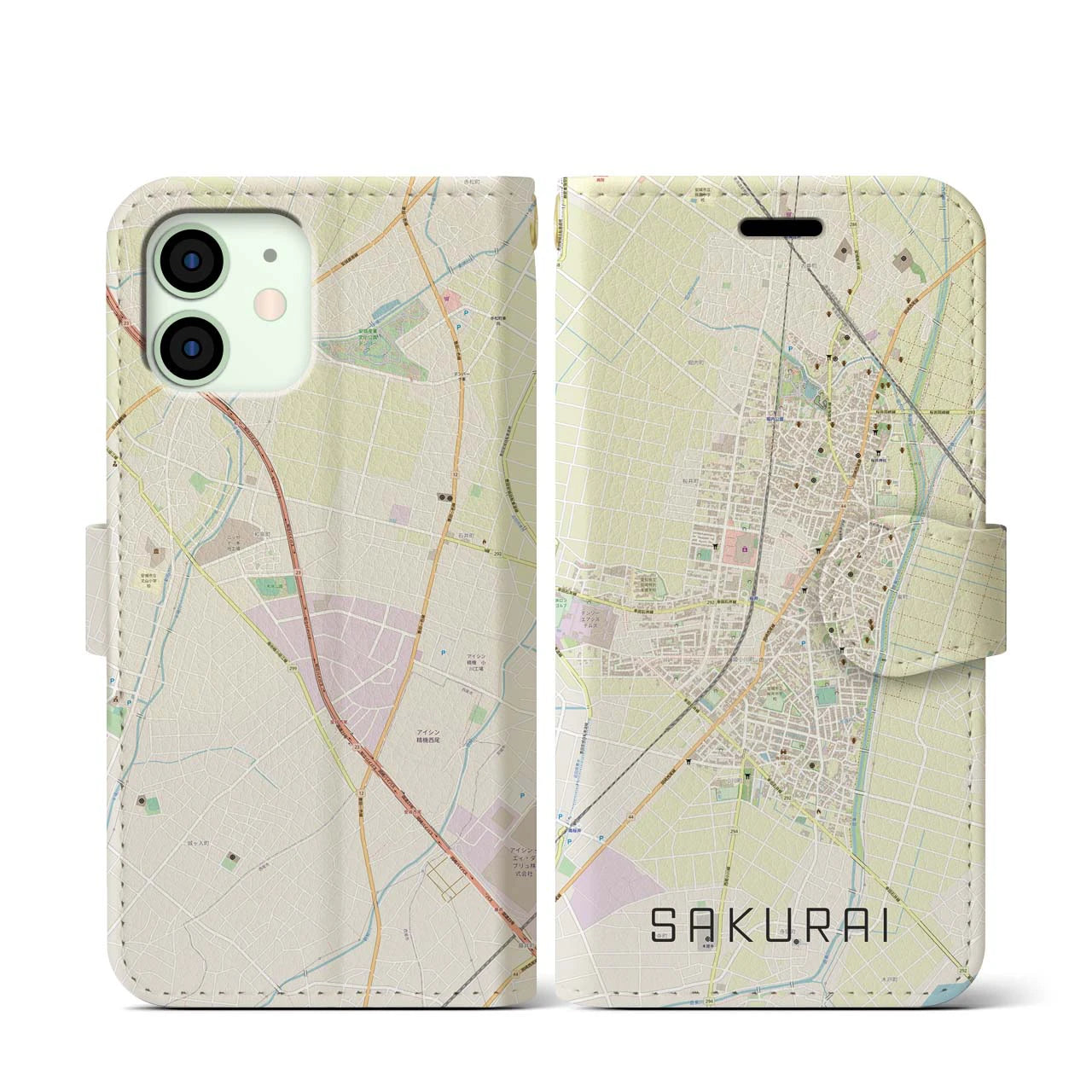 【桜井(愛知県)】地図柄iPhoneケース(手帳タイプ)ナチュラル・iPhone 12 mini 用