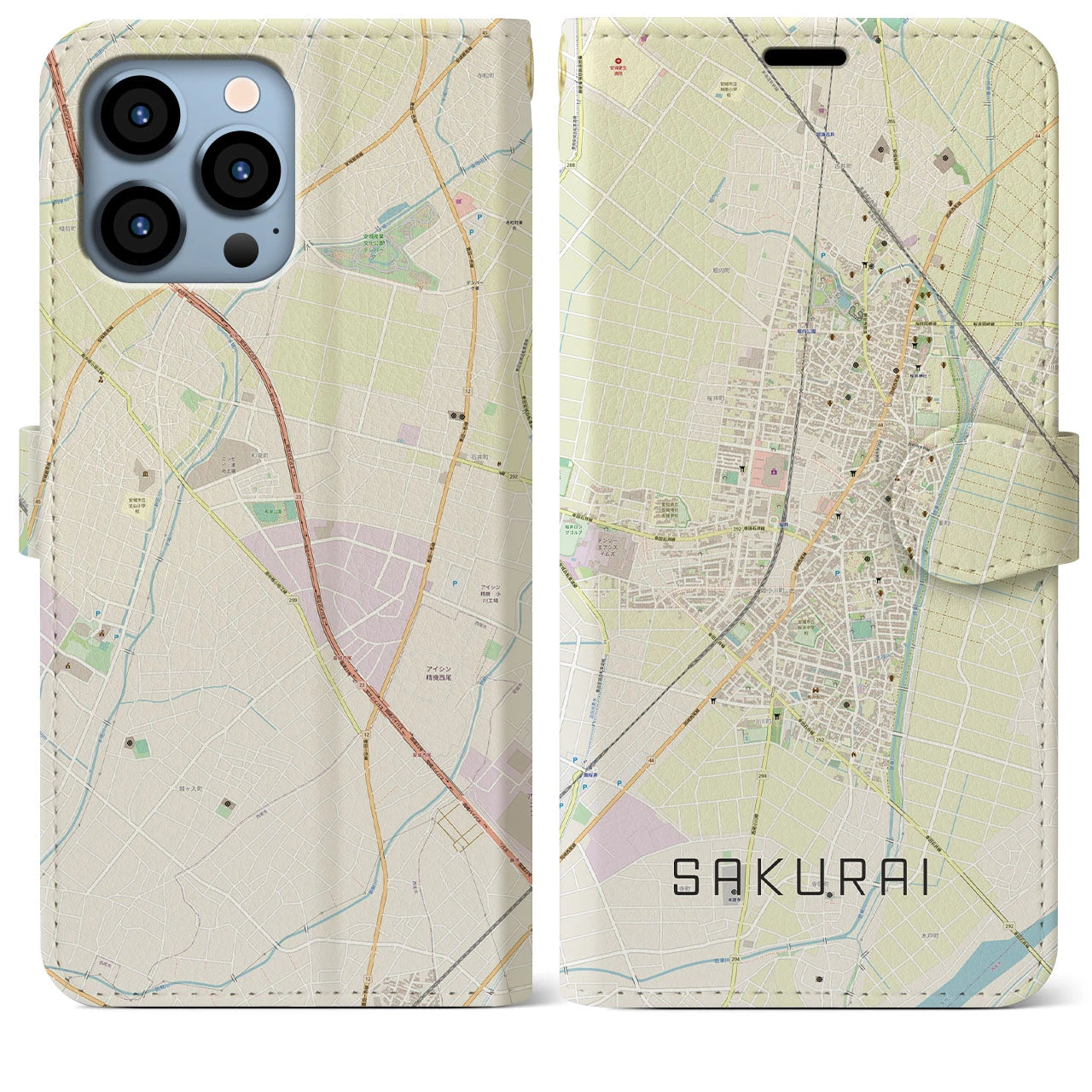 【桜井(愛知県)】地図柄iPhoneケース(手帳タイプ)ナチュラル・iPhone 13 Pro Max 用