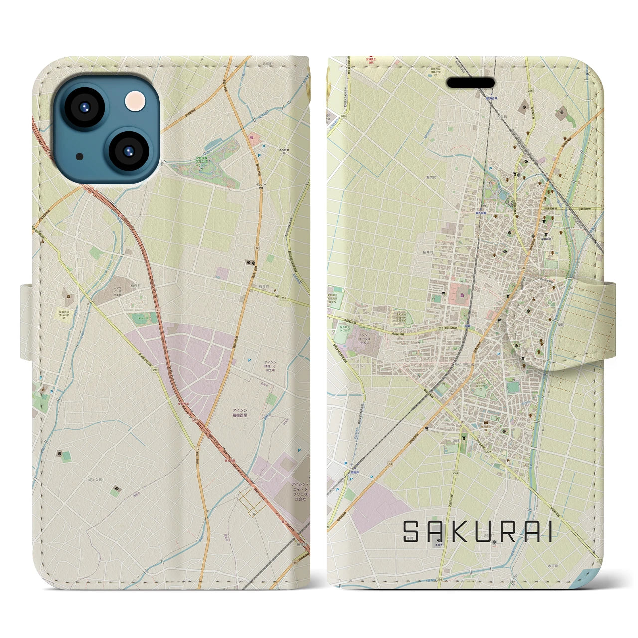 【桜井(愛知県)】地図柄iPhoneケース(手帳タイプ)ナチュラル・iPhone 13 用