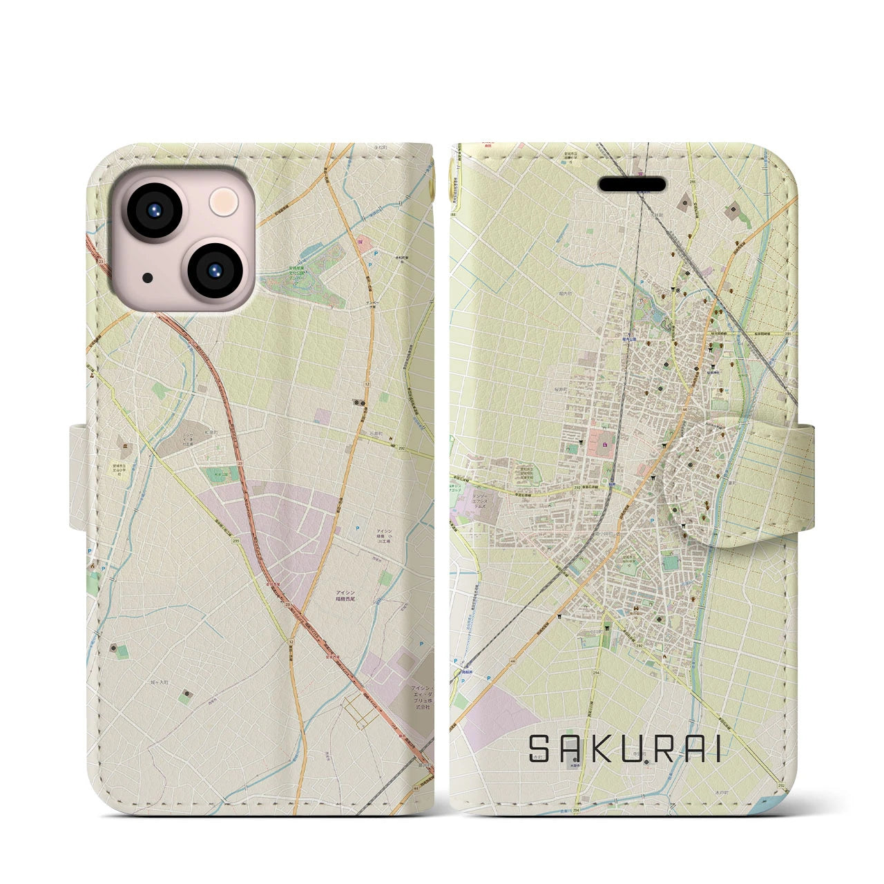 【桜井(愛知県)】地図柄iPhoneケース(手帳タイプ)ナチュラル・iPhone 13 mini 用