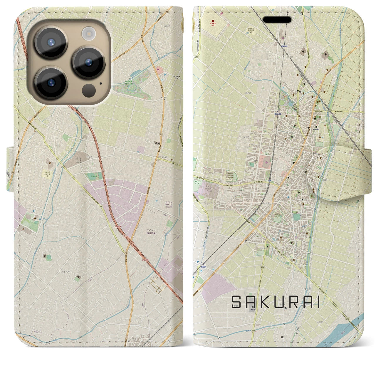 【桜井(愛知県)】地図柄iPhoneケース(手帳タイプ)ナチュラル・iPhone 14 Pro Max 用