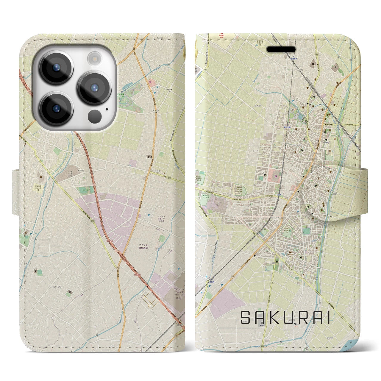 【桜井(愛知県)】地図柄iPhoneケース(手帳タイプ)ナチュラル・iPhone 14 Pro 用