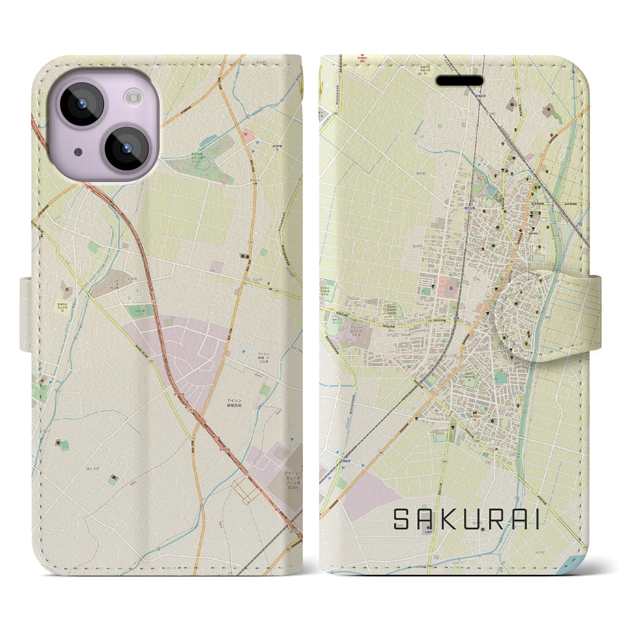 【桜井(愛知県)】地図柄iPhoneケース(手帳タイプ)ナチュラル・iPhone 14 用