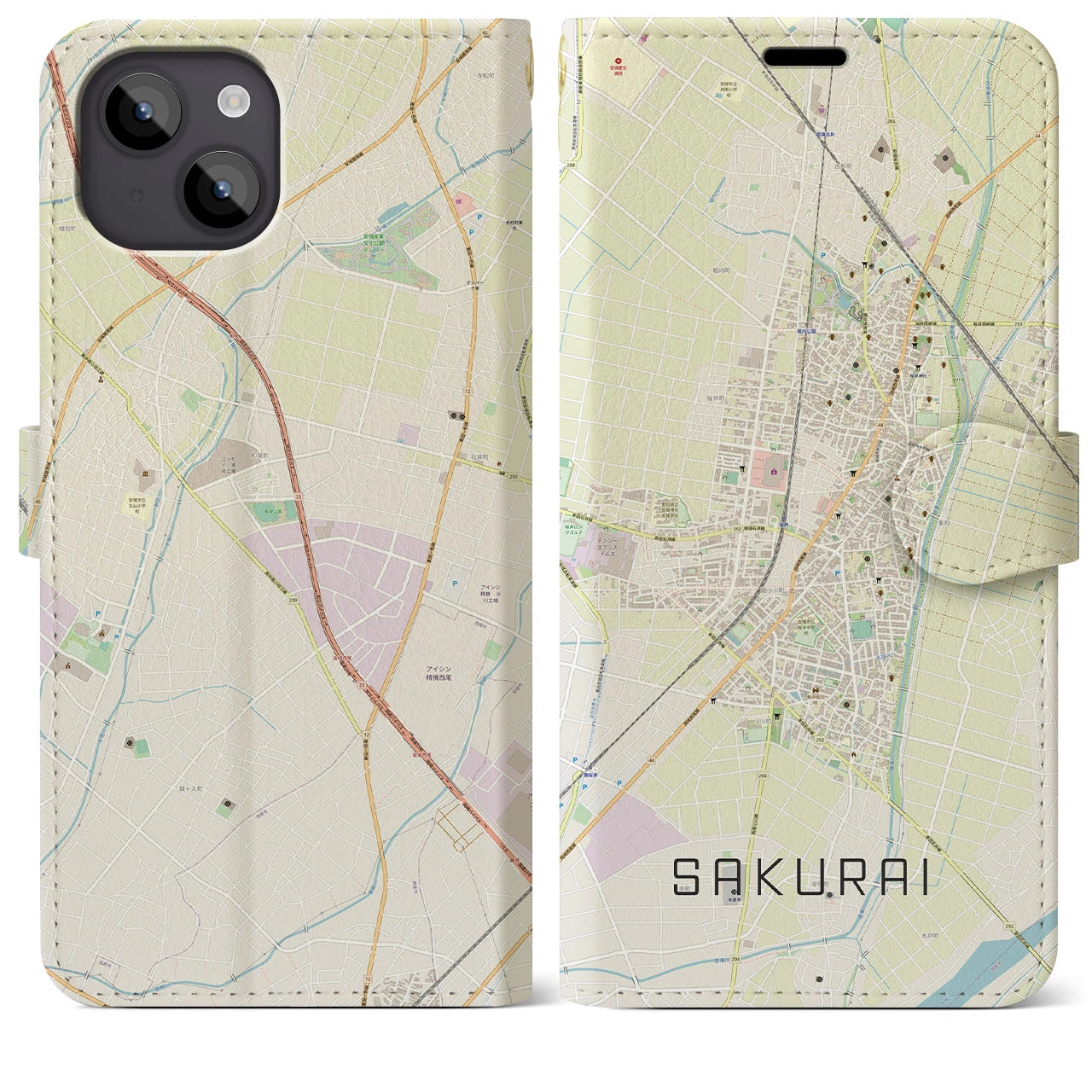 【桜井(愛知県)】地図柄iPhoneケース(手帳タイプ)ナチュラル・iPhone 14 Plus 用