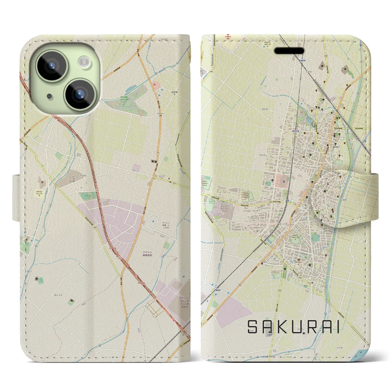 【桜井(愛知県)】地図柄iPhoneケース(手帳タイプ)ナチュラル・iPhone 15 用
