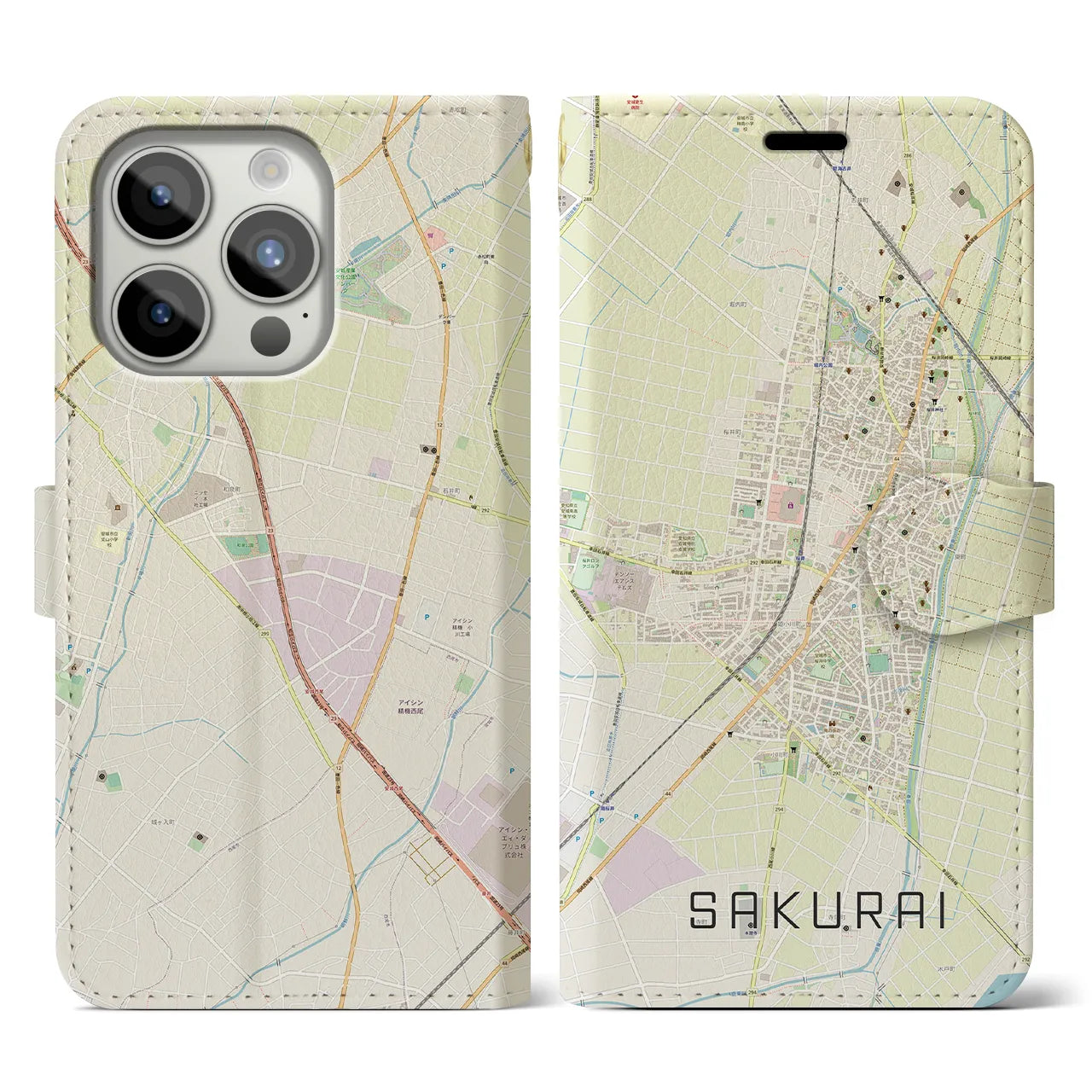 【桜井(愛知県)】地図柄iPhoneケース(手帳タイプ)ナチュラル・iPhone 15 Pro 用