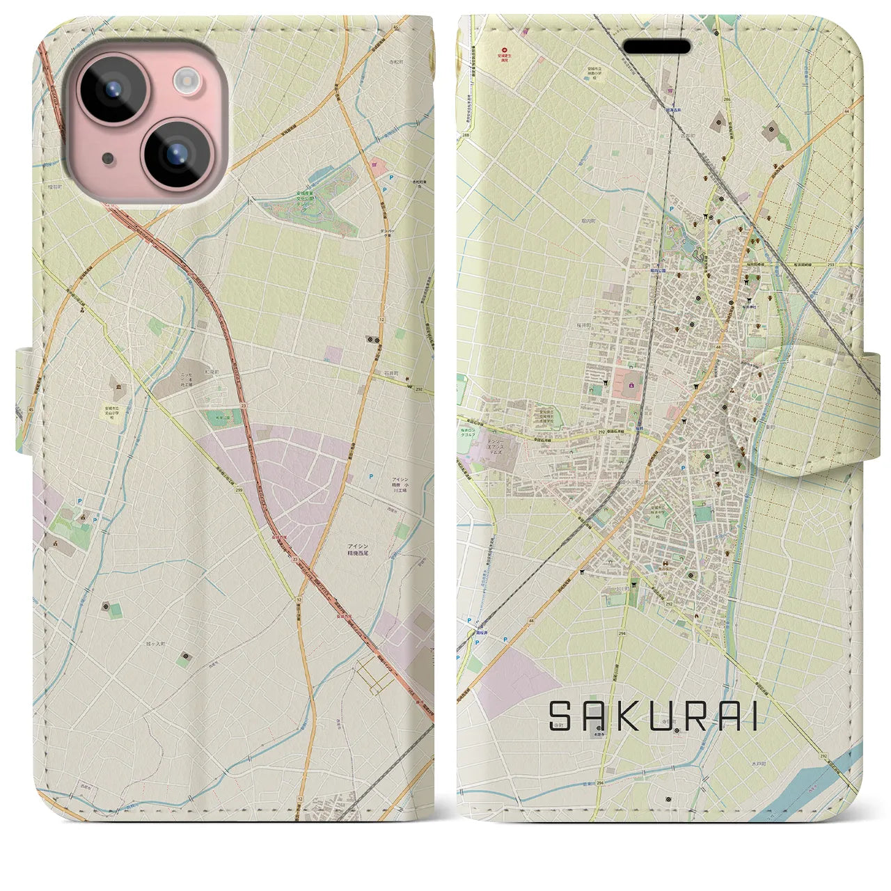 【桜井(愛知県)】地図柄iPhoneケース(手帳タイプ)ナチュラル・iPhone 15 Plus 用