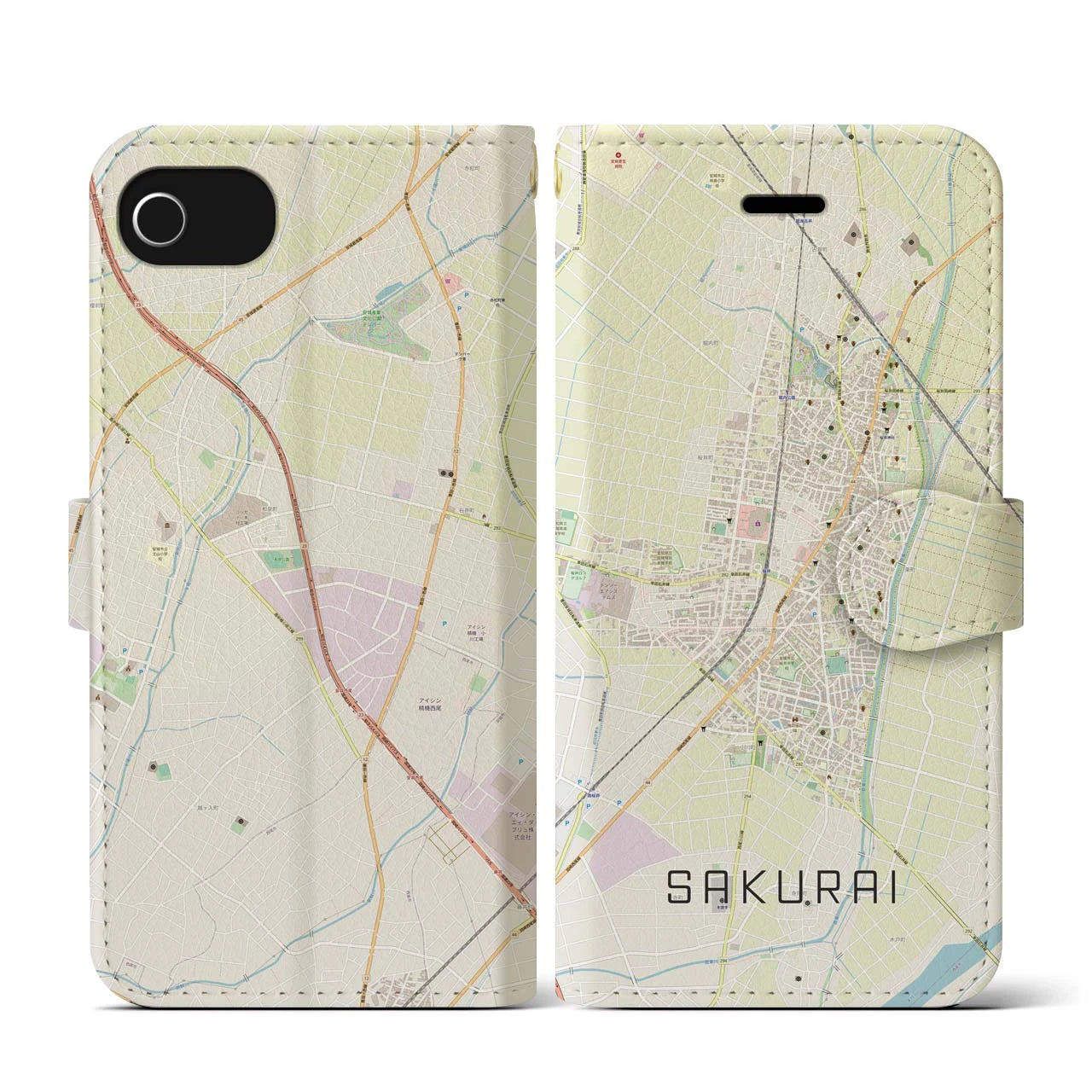 【桜井(愛知県)】地図柄iPhoneケース(手帳タイプ)ナチュラル・iPhone SE(第3 / 第2世代) / 8 / 7 / 6s / 6 用