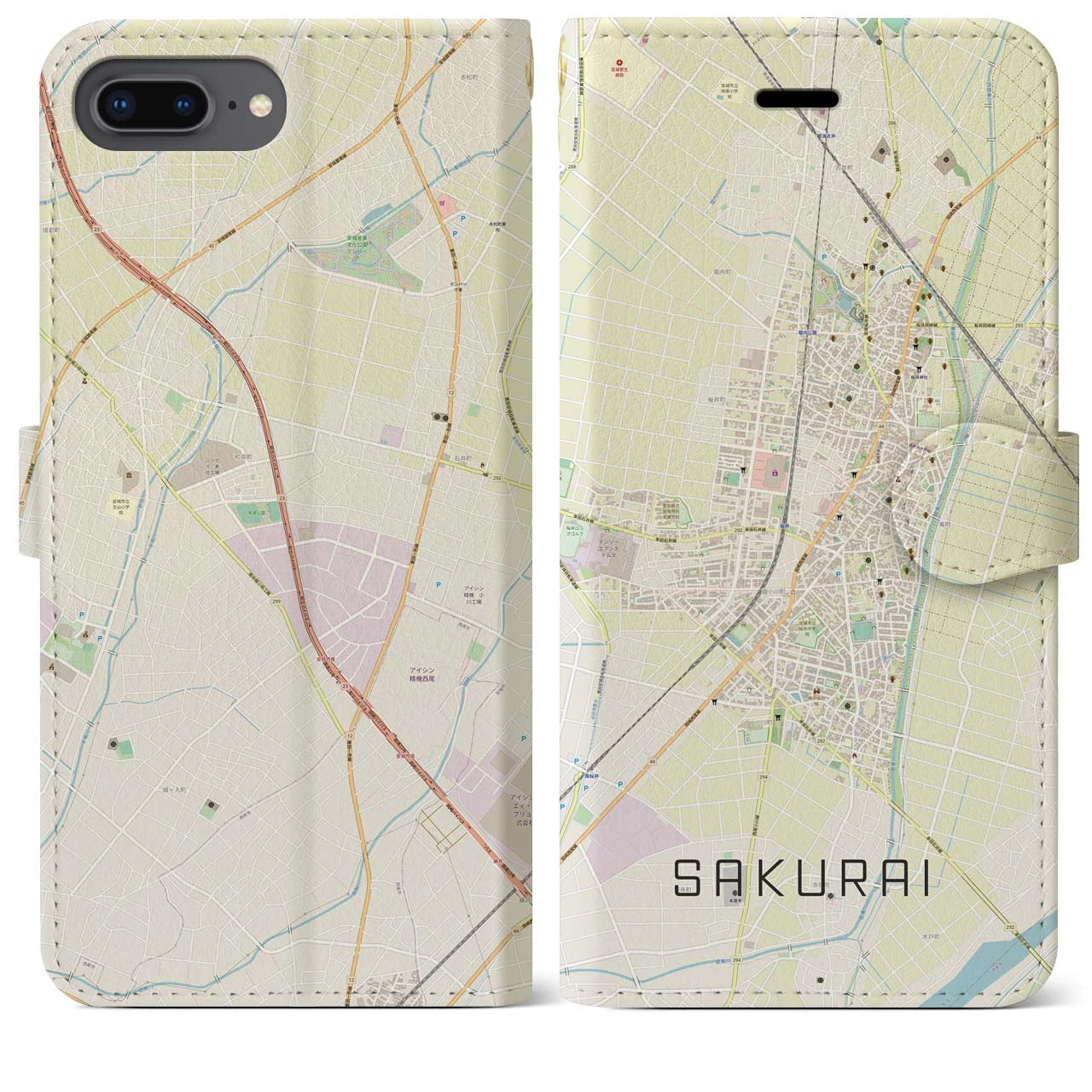 【桜井(愛知県)】地図柄iPhoneケース(手帳タイプ)ナチュラル・iPhone 8Plus /7Plus / 6sPlus / 6Plus 用