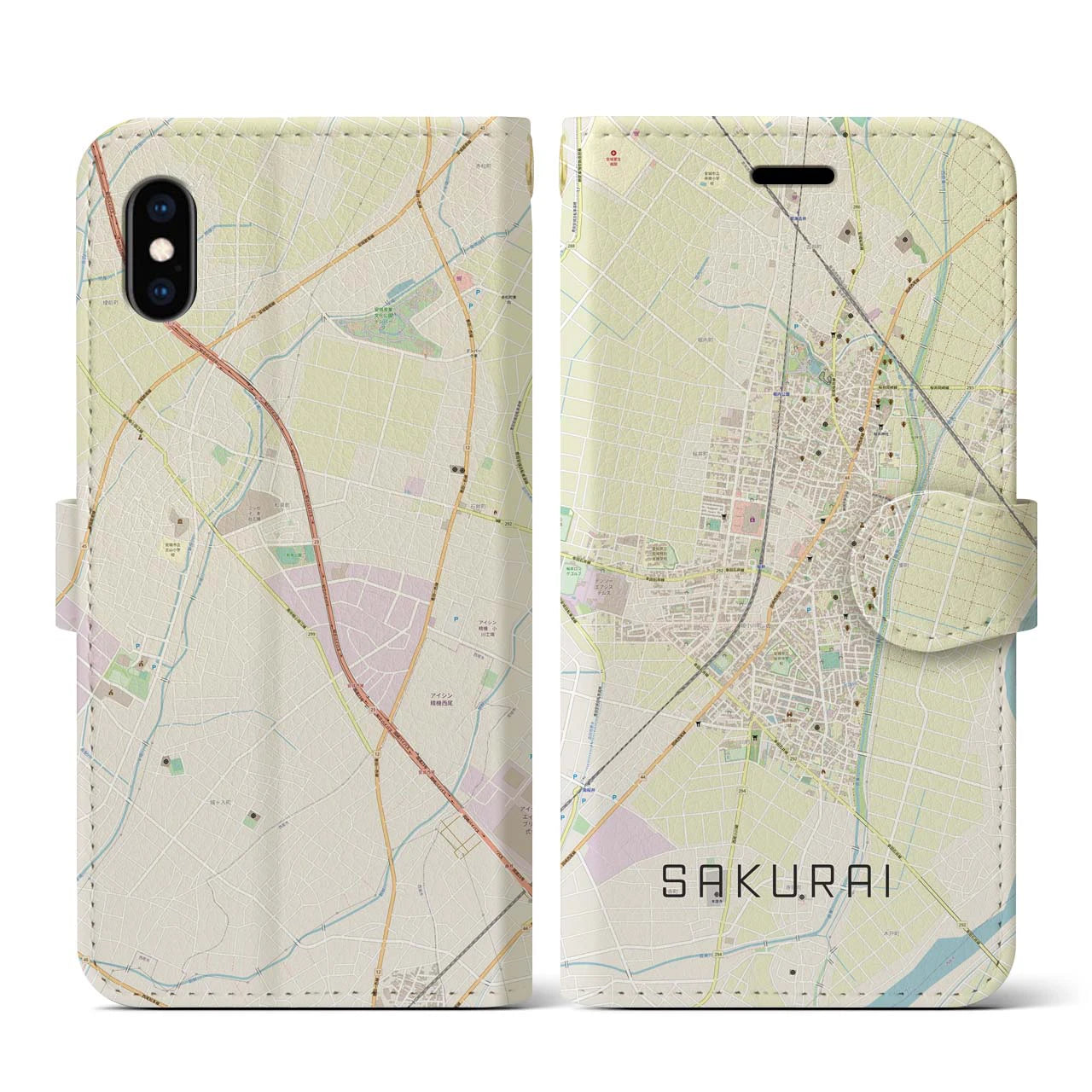 【桜井(愛知県)】地図柄iPhoneケース(手帳タイプ)ナチュラル・iPhone XS / X 用