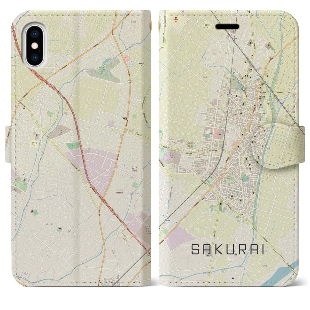【桜井(愛知県)】地図柄iPhoneケース(手帳タイプ)ナチュラル・iPhone XS Max 用