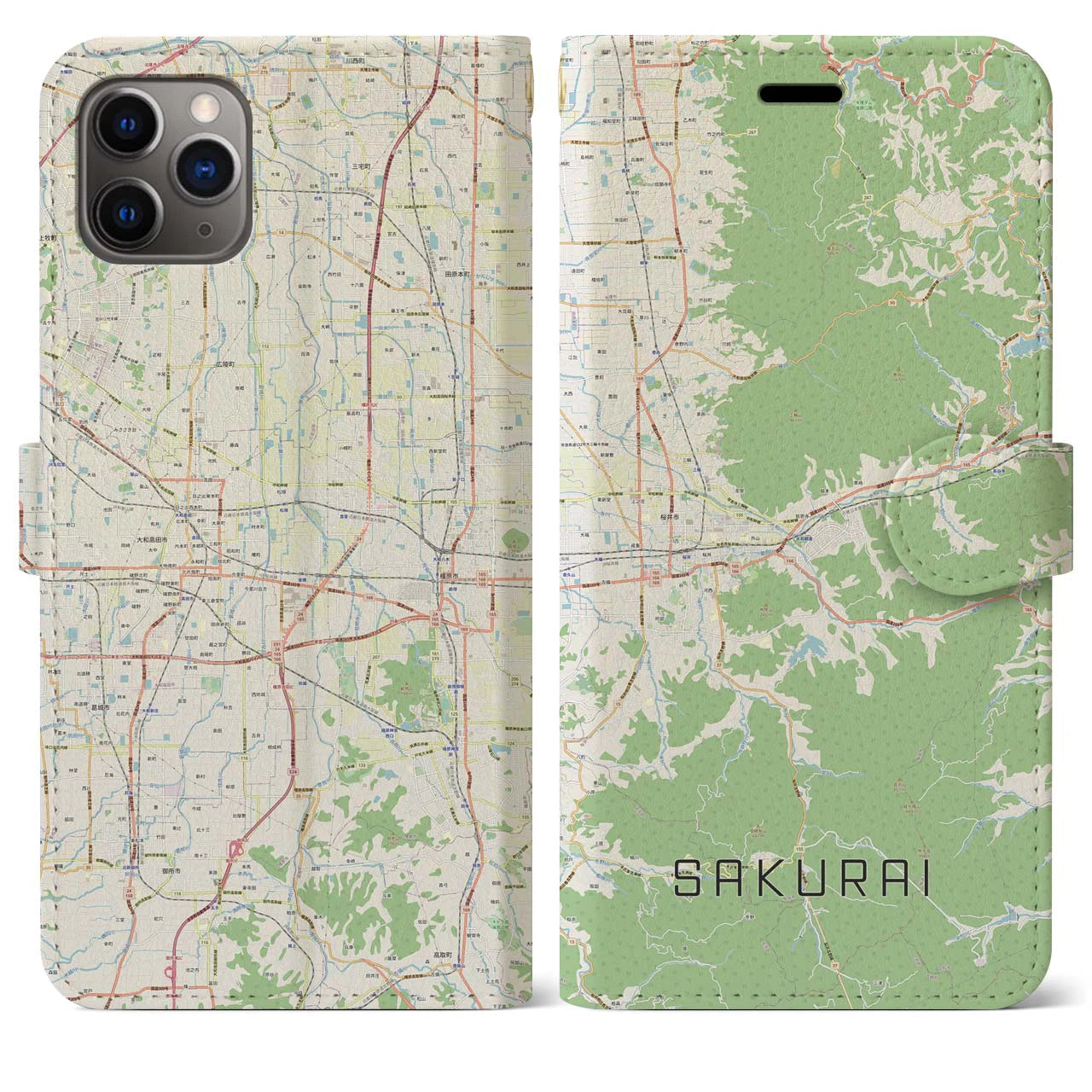 【桜井(奈良県)】地図柄iPhoneケース(手帳タイプ)ナチュラル・iPhone 11 Pro Max 用